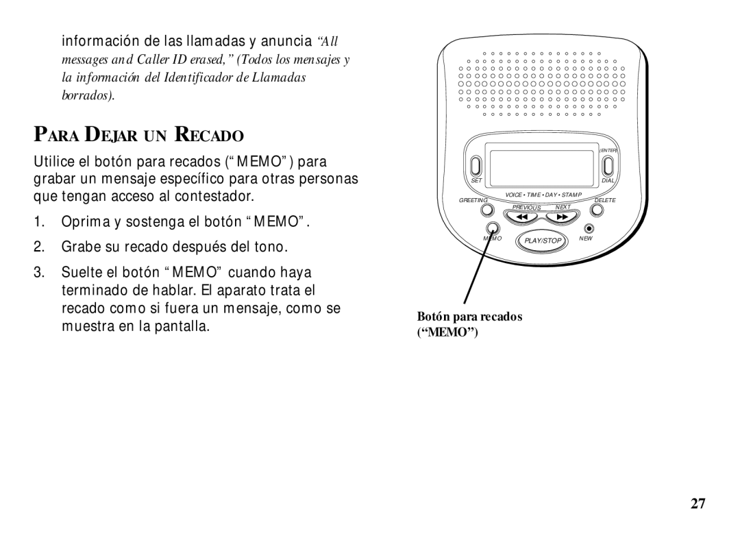 RCA 29993 manual Información de las llamadas y anuncia All, Para Dejar UN Recado 