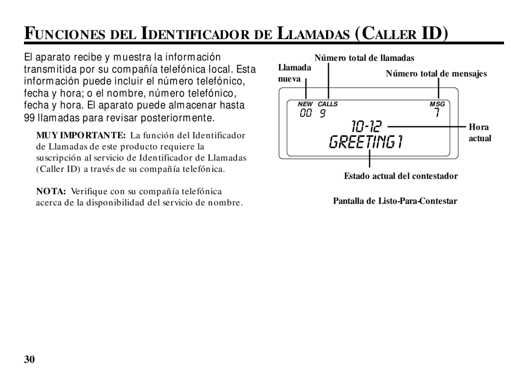 RCA 29993 manual Funciones DEL Identificador DE Llamadas Caller ID, Greeting 