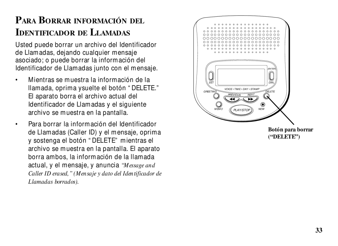 RCA 29993 manual Para Borrar Información DEL Identificador DE Llamadas 