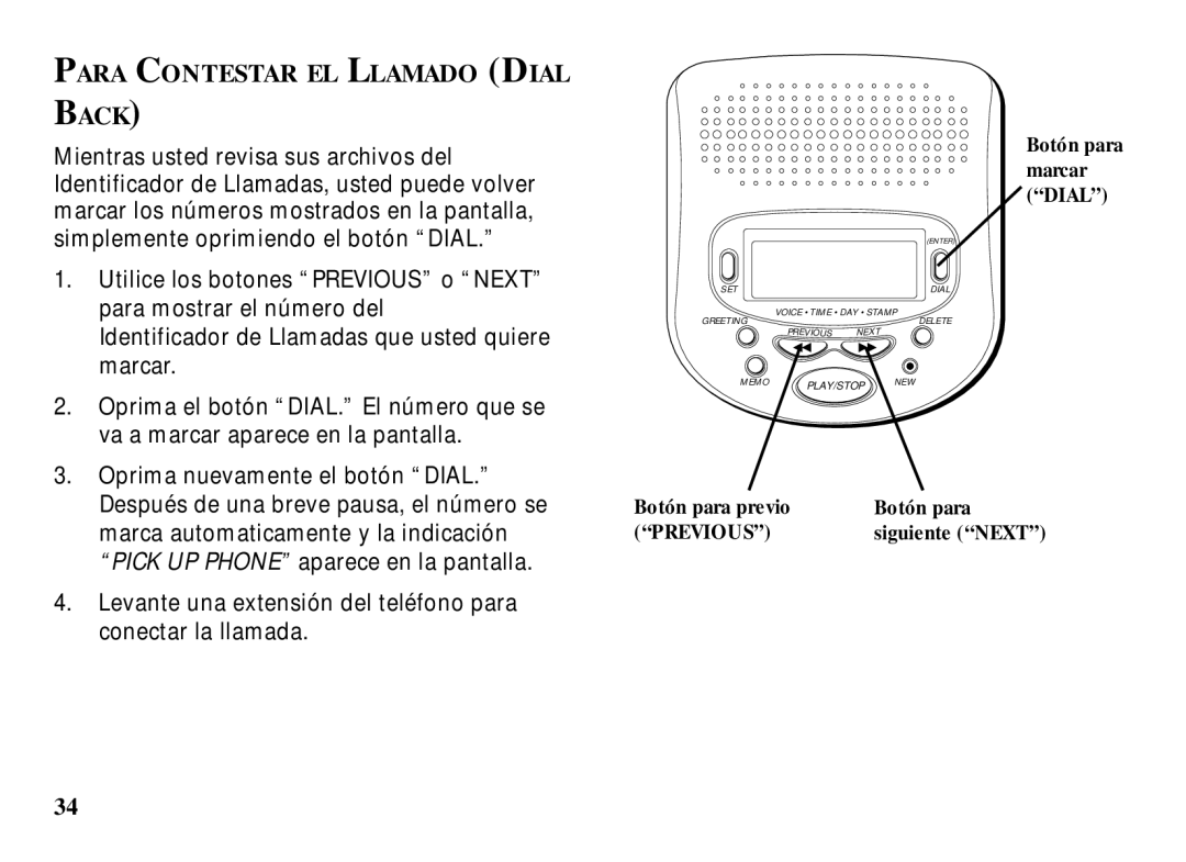 RCA 29993 manual Para Contestar EL Llamado Dial Back 