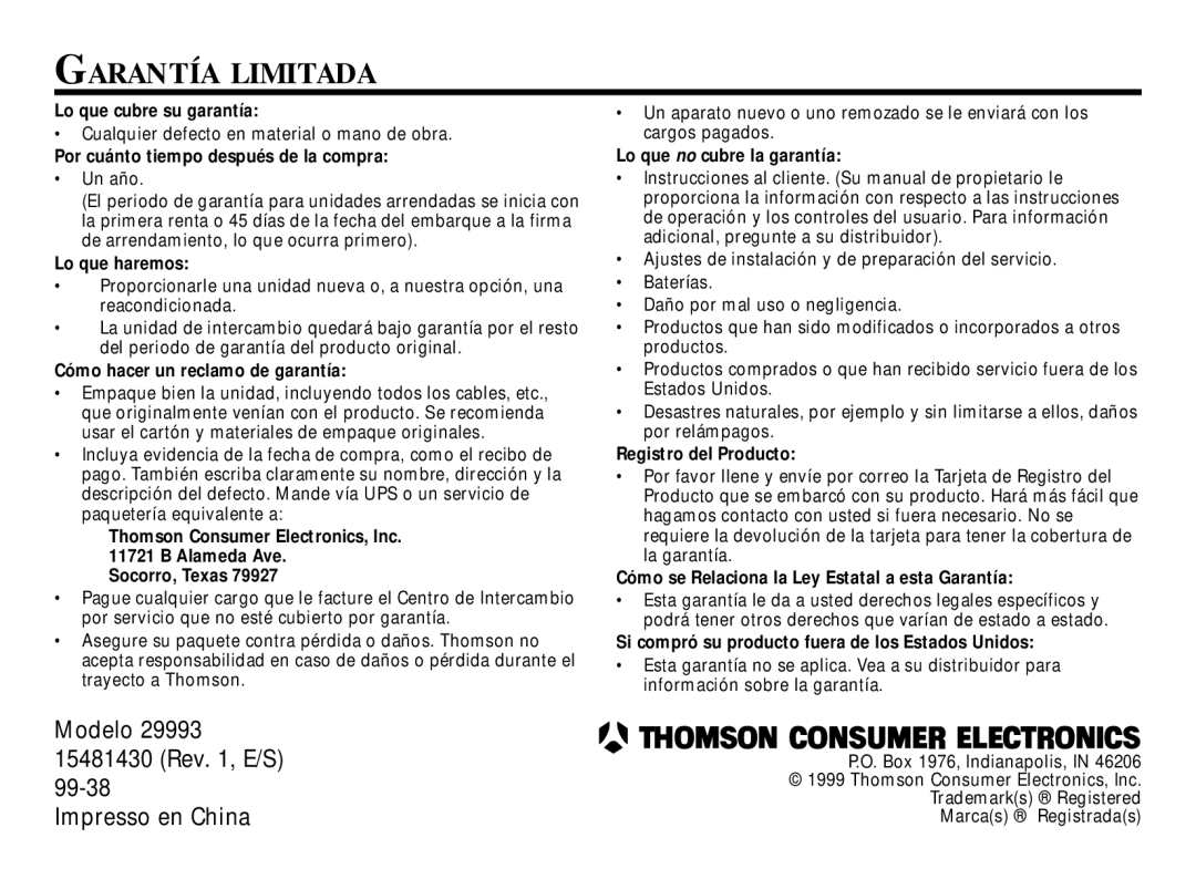 RCA 29993 manual Garantía Limitada, Por cuánto tiempo después de la compra 