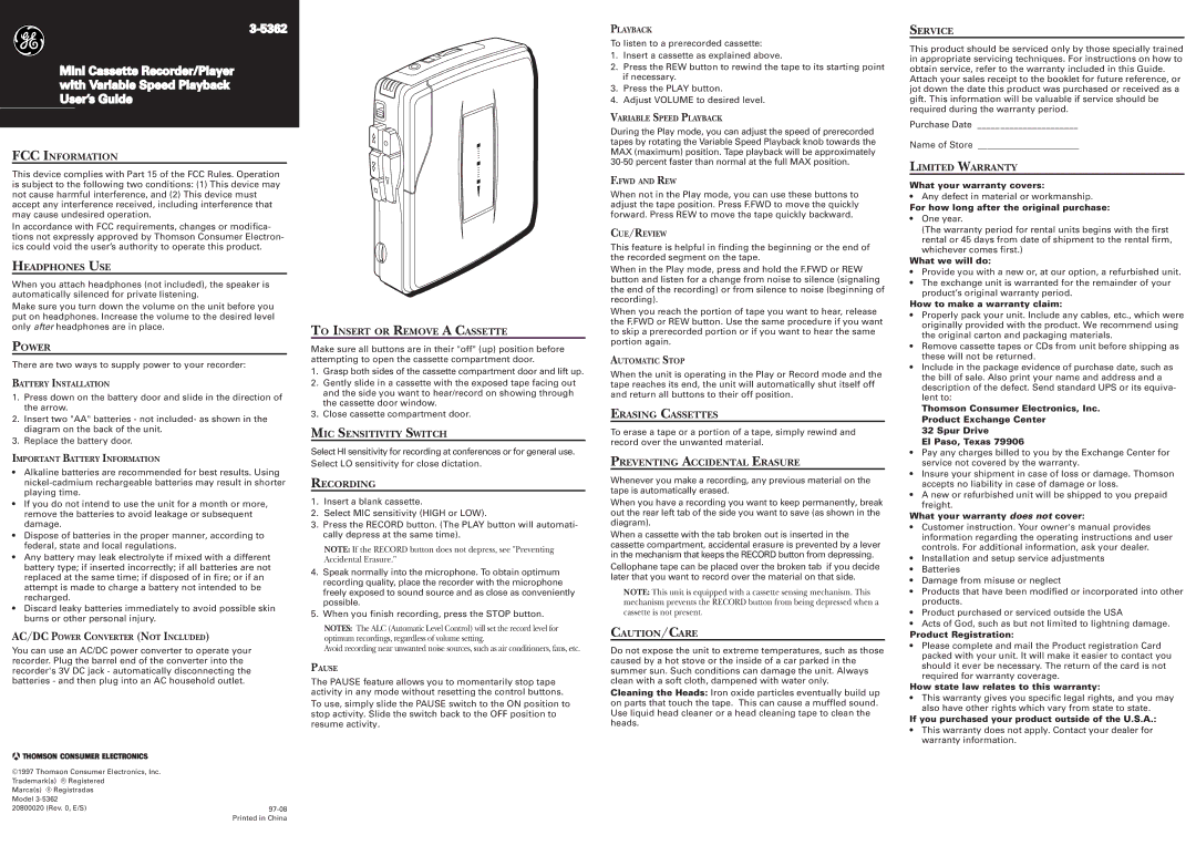 RCA 3-5362 warranty FCC Information, Headphones USE, Power, To Insert or Remove a Cassette, MIC Sensitivity Switch 