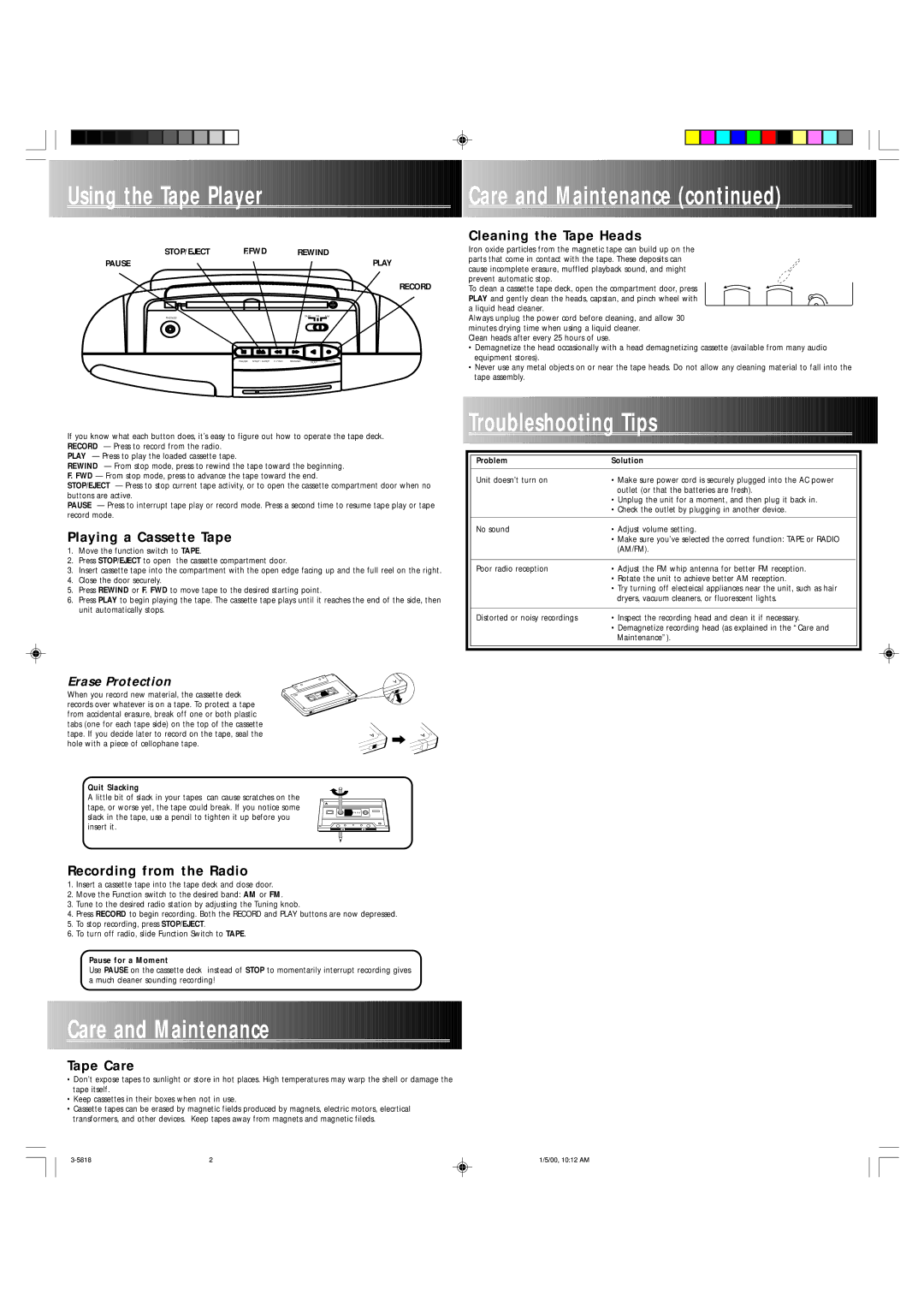 RCA 3-5818 Cleaning the Tape Heads, Playing a Cassette Tape, Recording from the Radio, Tape Care, Erase Protection 