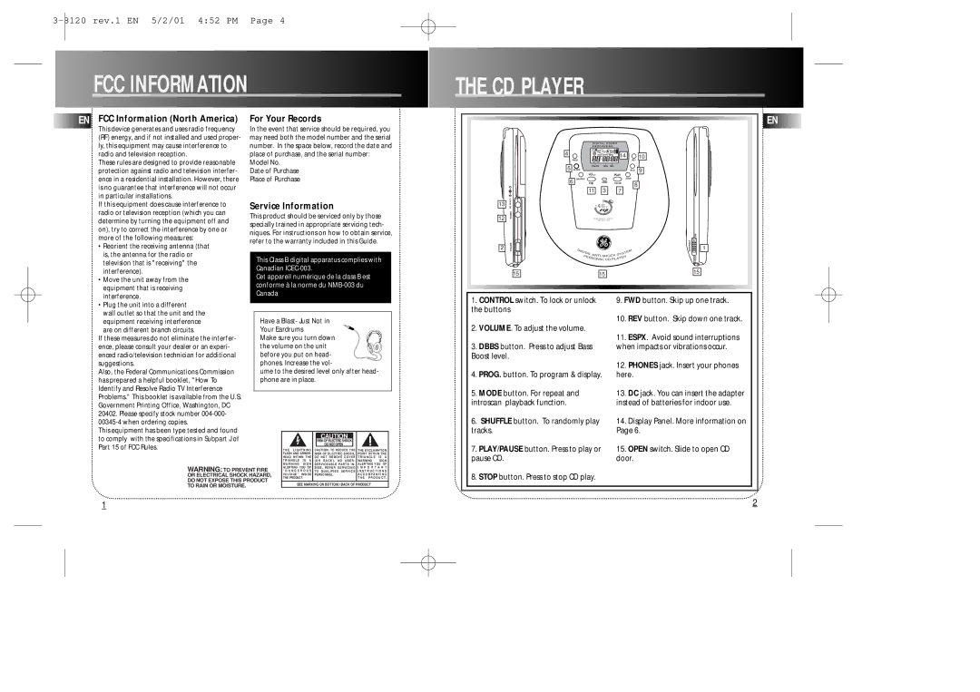 RCA 3-8120 user manual FCC Information, CD Player 