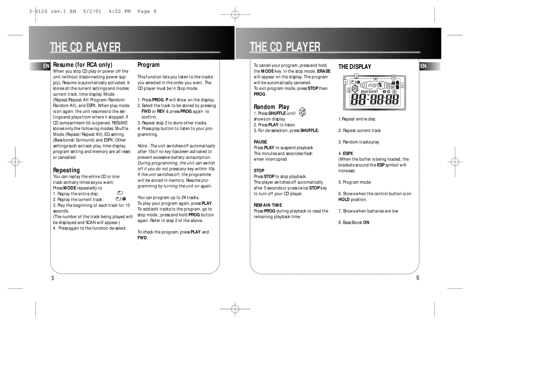 RCA 3-8120 user manual CD Player, Display 