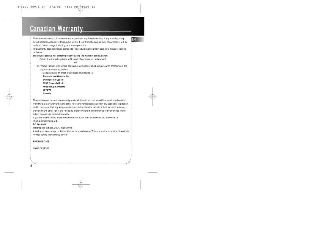 RCA 3-8120 user manual Canadian Warranty 