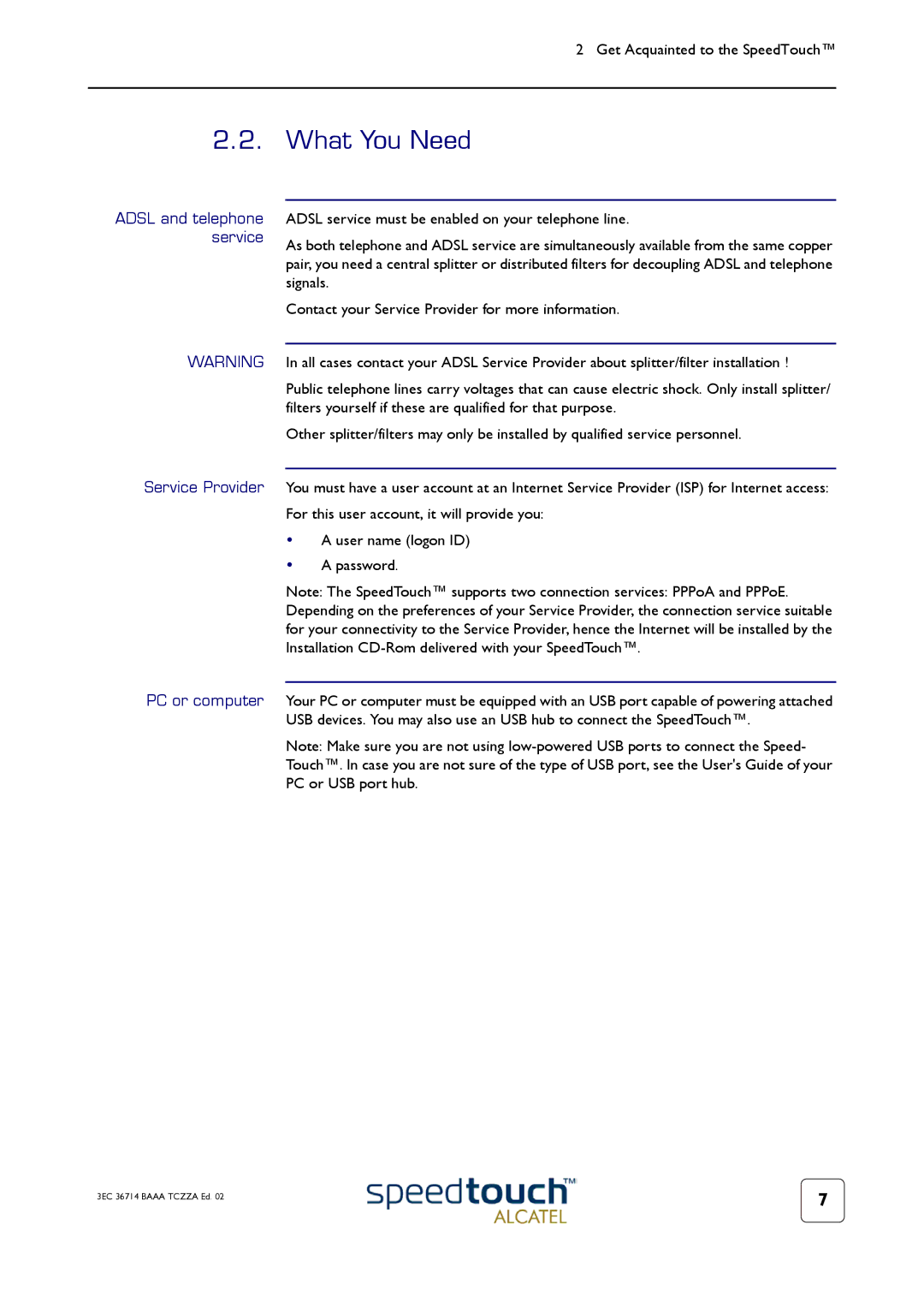 RCA 300 manual What You Need, Adsl and telephone service 