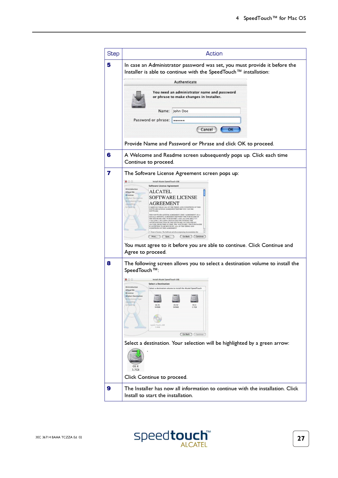 RCA 300 Provide Name and Password or Phrase and click OK to proceed, Continue to proceed, Agree to proceed, SpeedTouch 