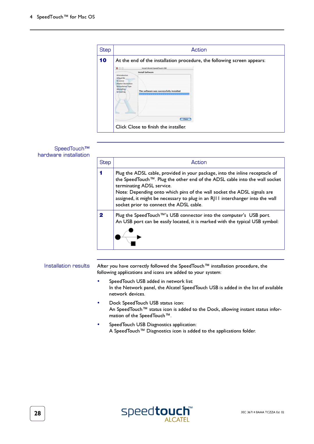 RCA 300 manual SpeedTouch hardware installation Step Action 