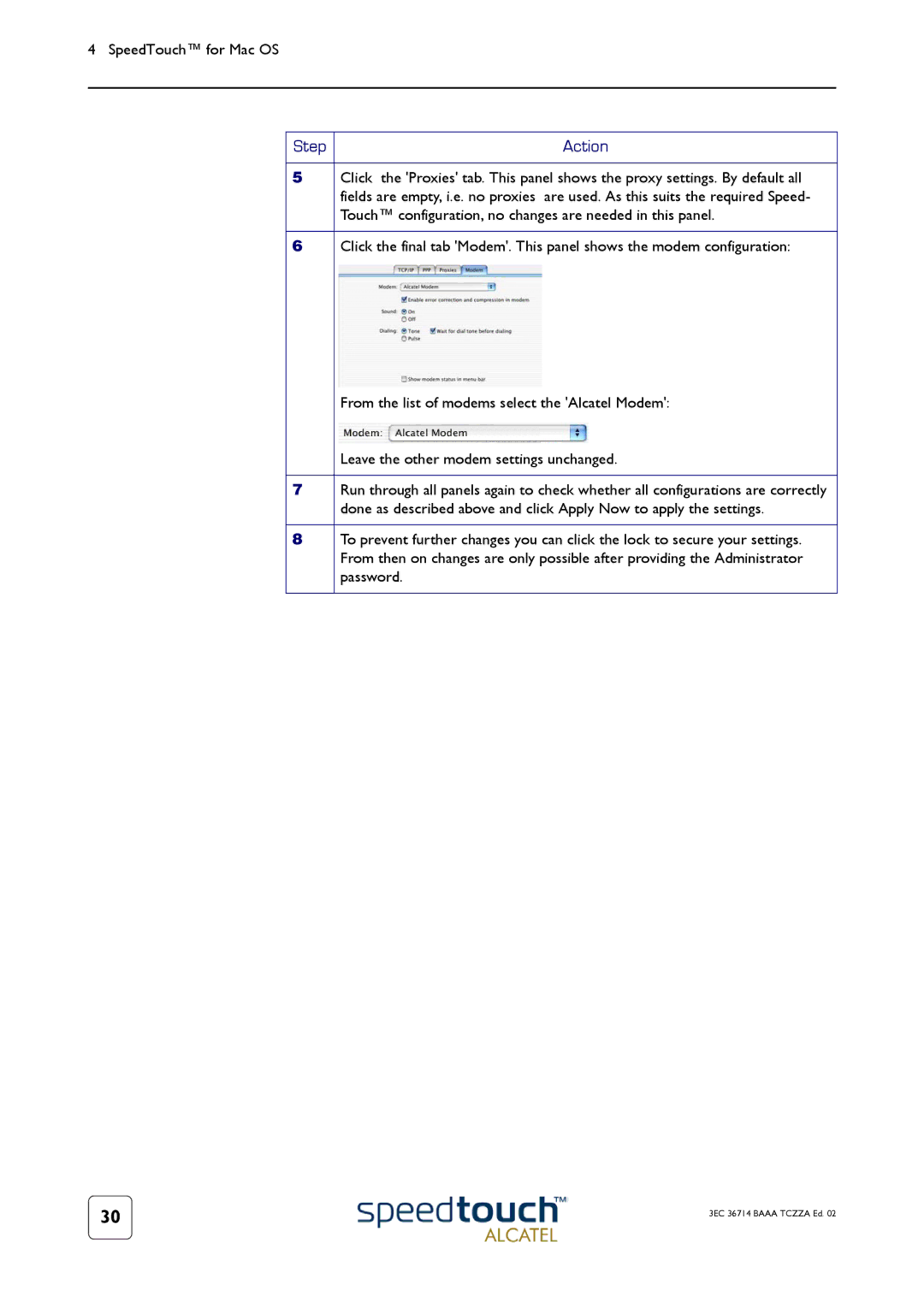 RCA 300 manual Touch configuration, no changes are needed in this panel, From the list of modems select the Alcatel Modem 