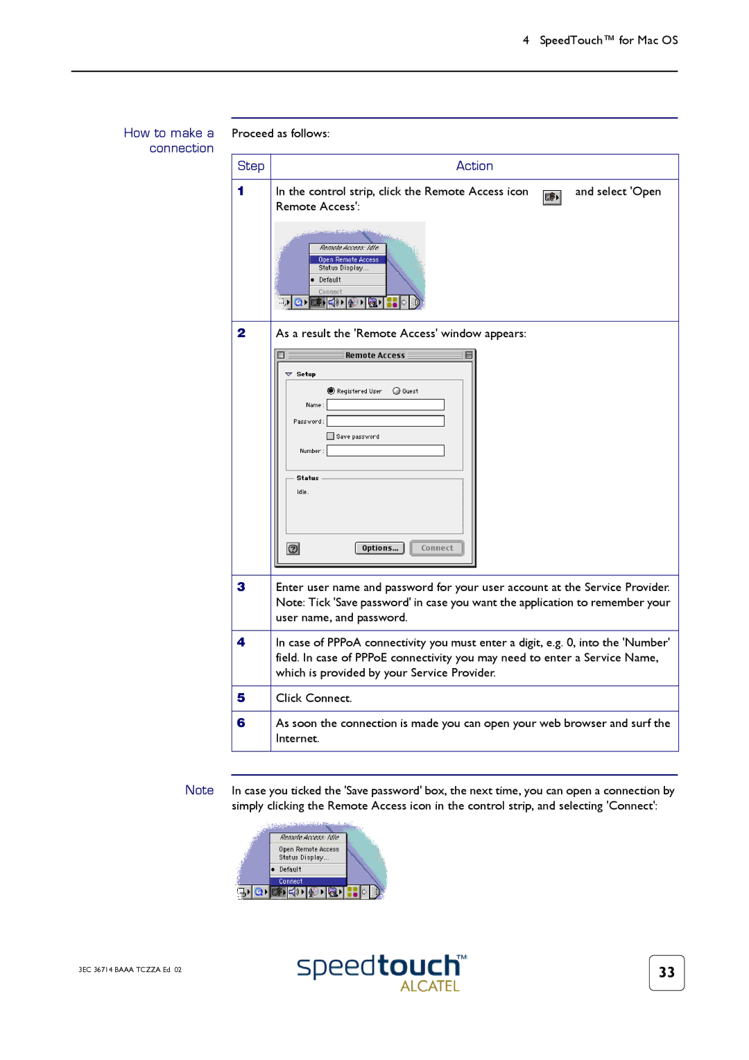 RCA 300 manual SpeedTouch for Mac OS How to make a Proceed as follows, Connection Step Action, Internet 