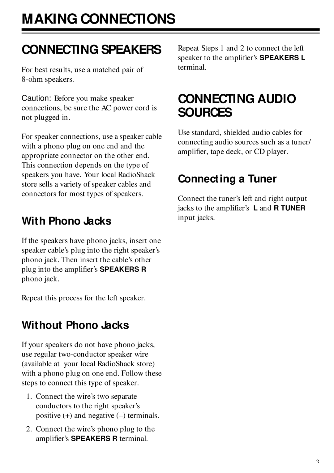 RCA 31-5000, 811082210B, SA-155, 01A02 owner manual Making Connections, Connecting Speakers 