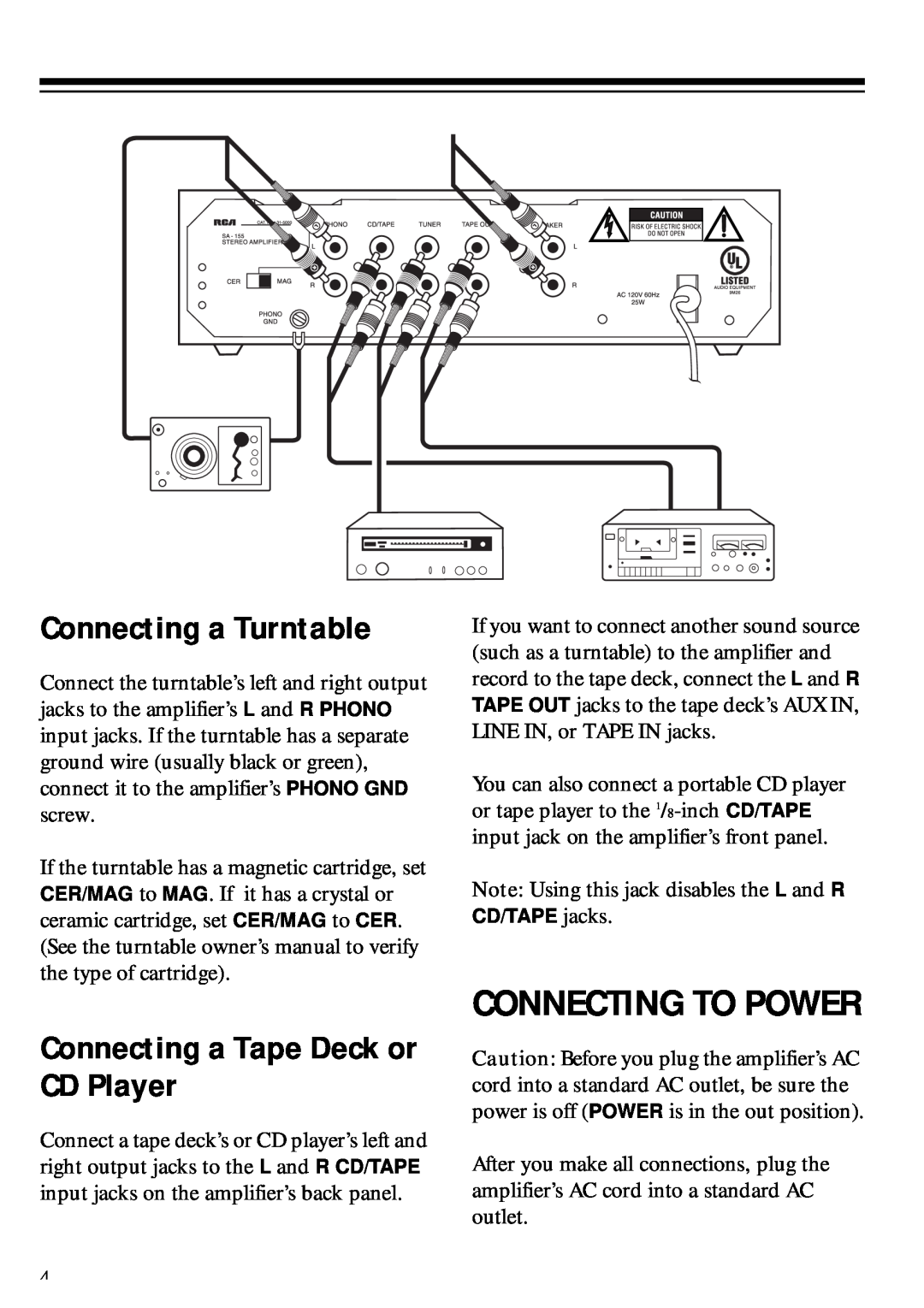 RCA 811082210B, 31-5000, SA-155, 01A02 Connecting To Power, Connecting a Turntable, Connecting a Tape Deck or CD Player 
