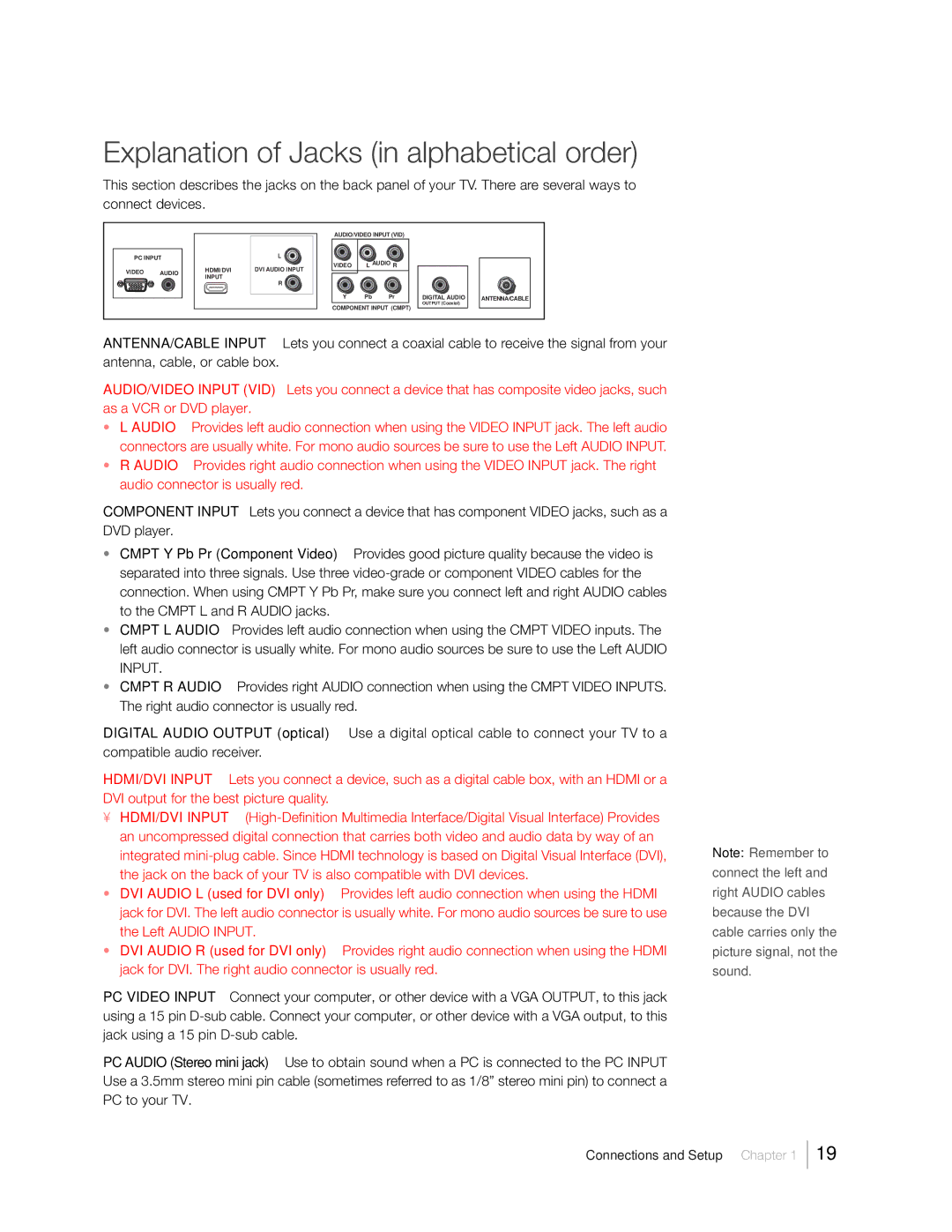 RCA 31Series warranty Explanation of Jacks in alphabetical order 