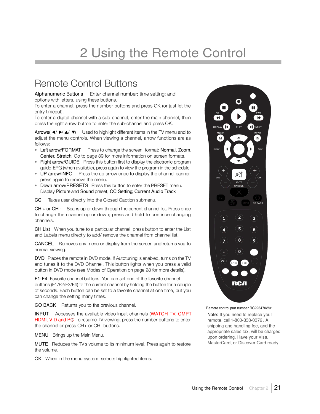 RCA 31Series warranty Remote Control Buttons, Enter channel number time setting 