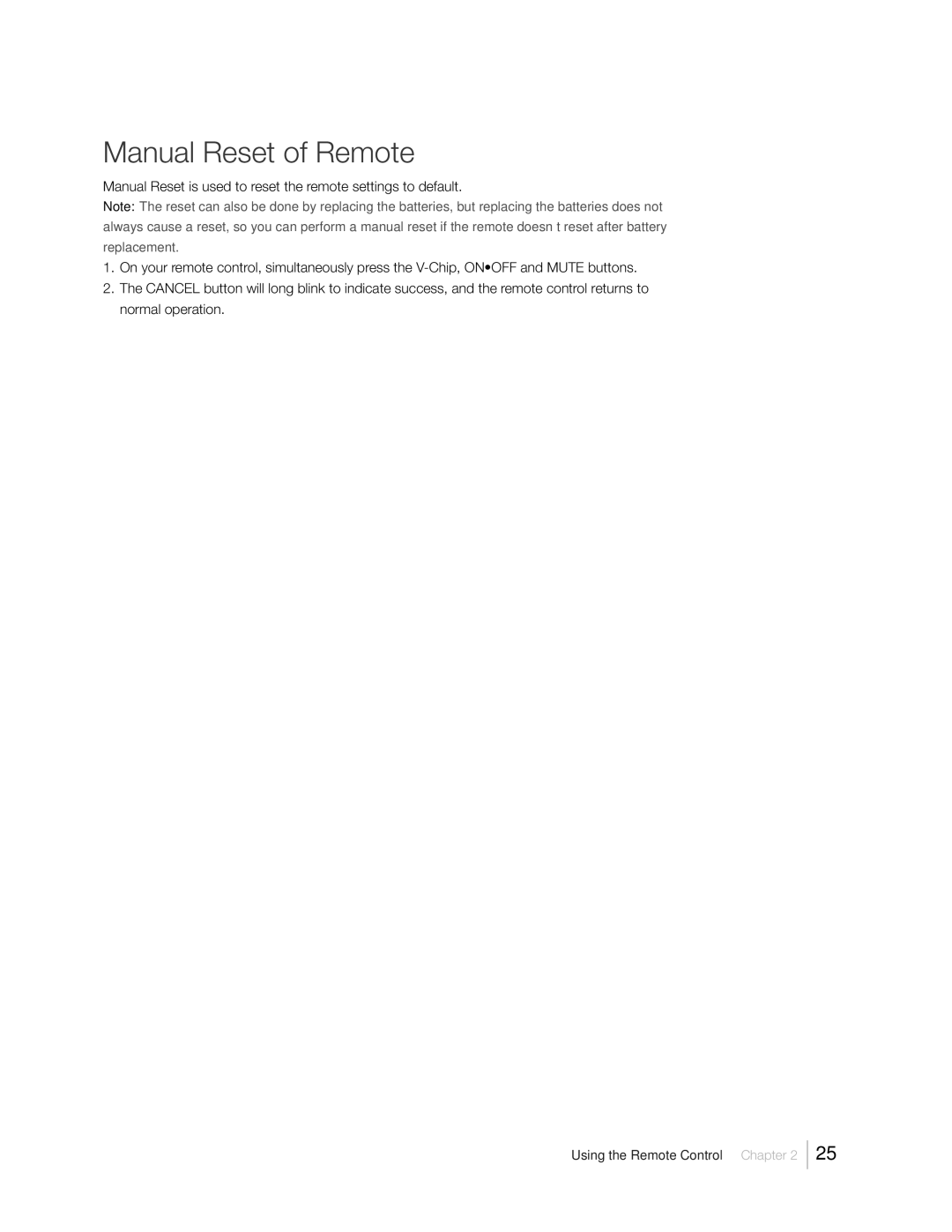 RCA 31Series warranty Manual Reset of Remote 