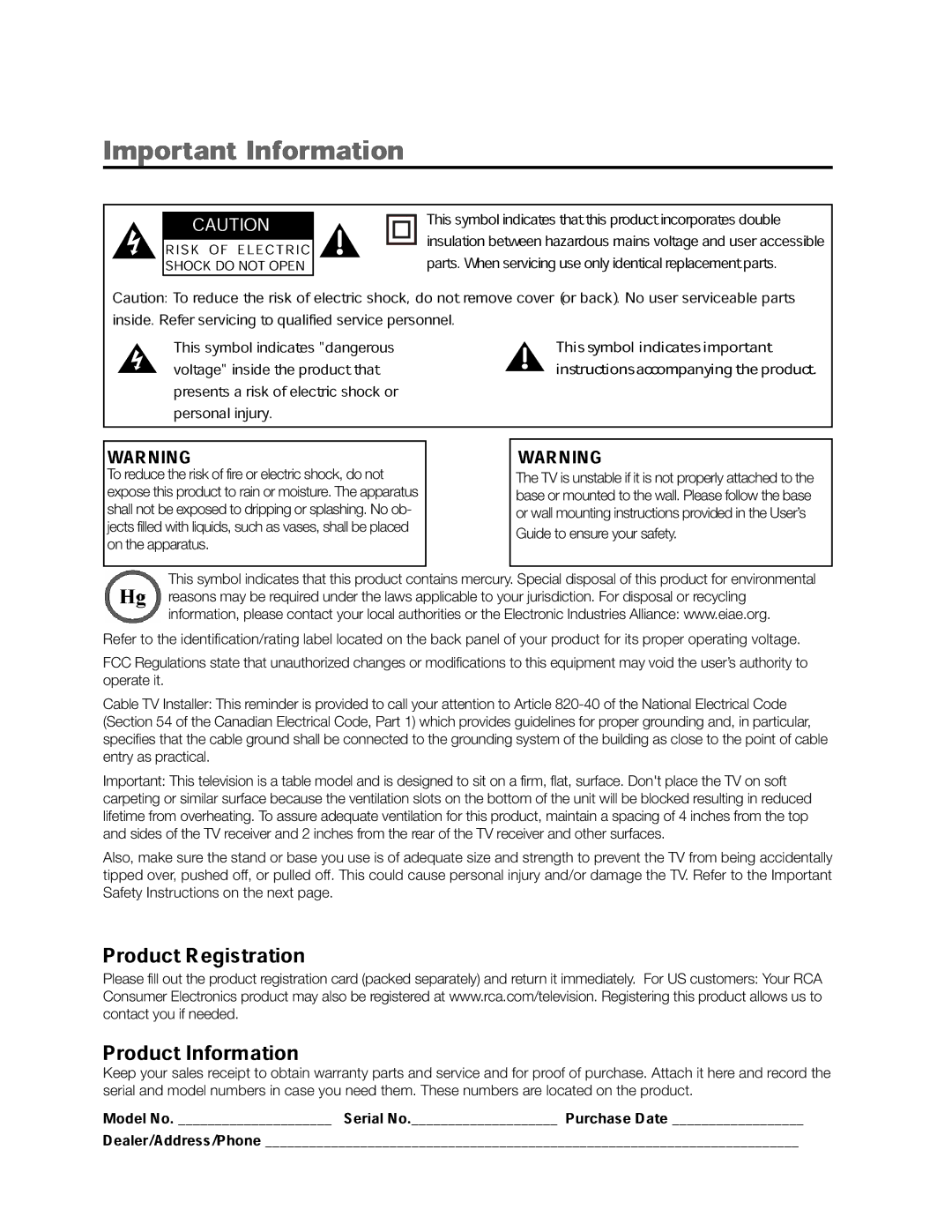 RCA 31Series warranty 