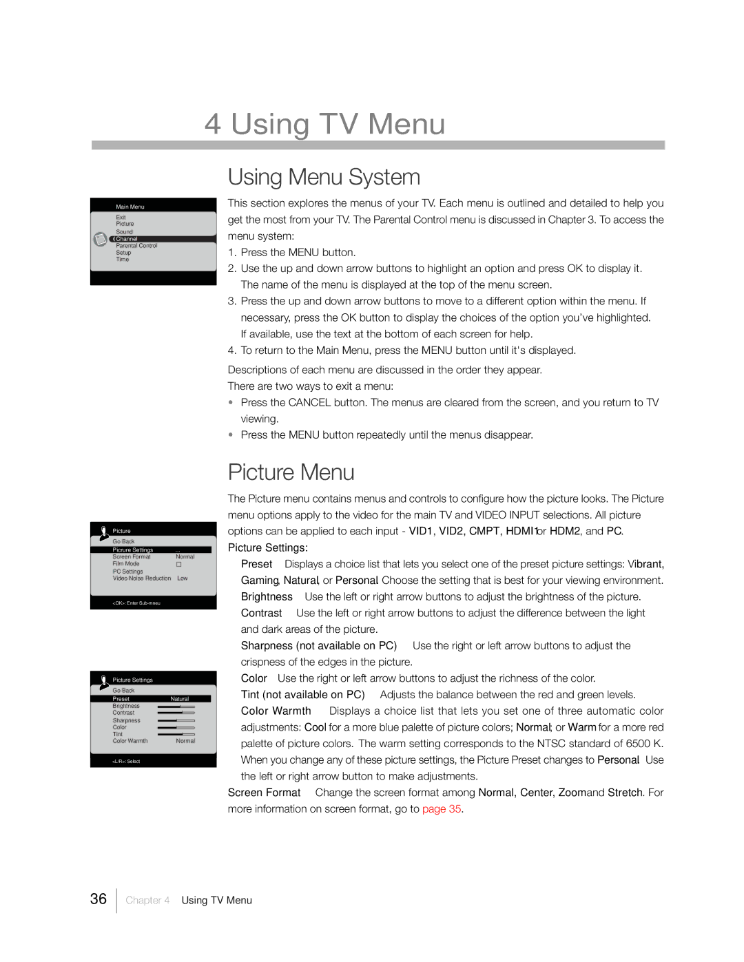 RCA 31Series warranty Using Menu System, Picture Menu, Adjusts the balance between the red and green levels 