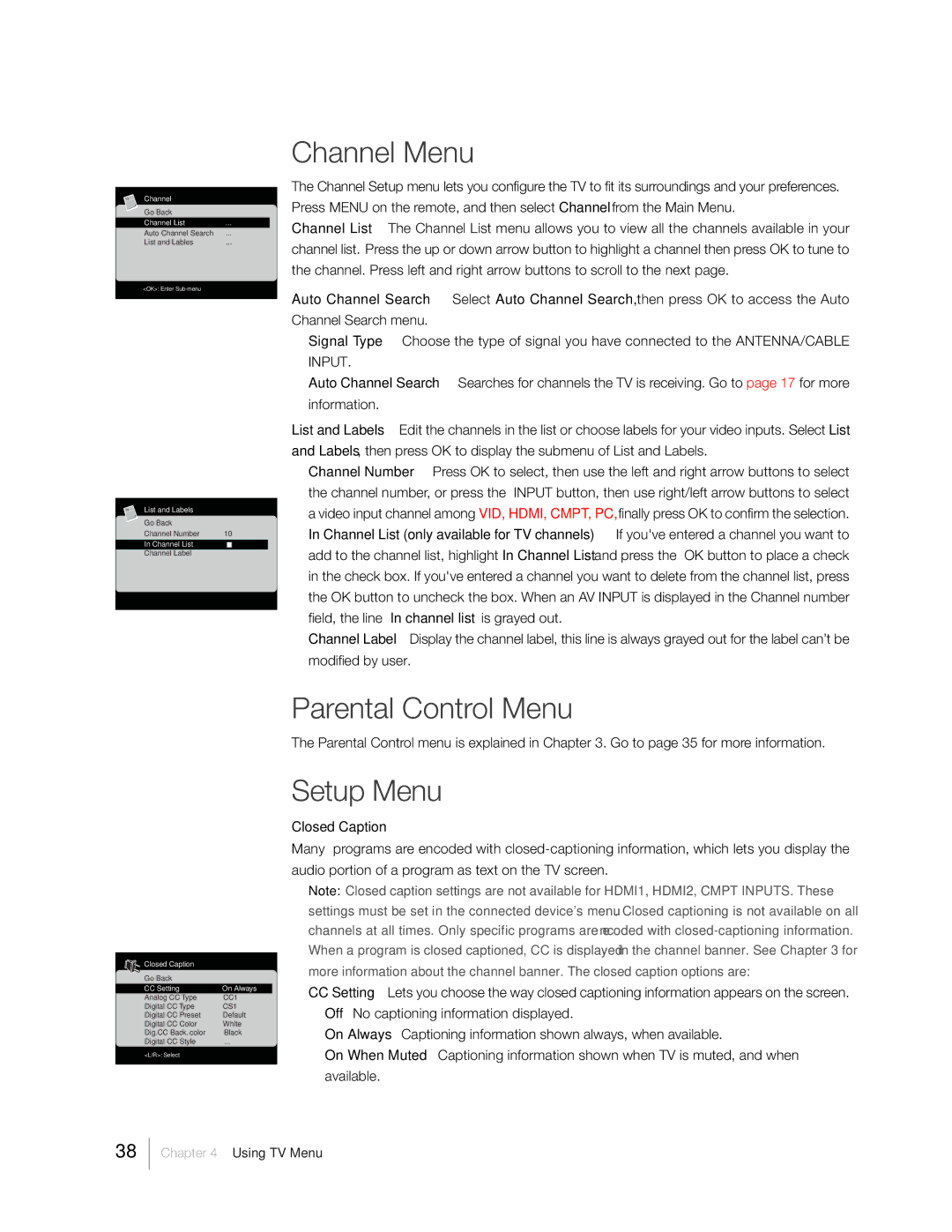 RCA 31Series warranty Channel Menu, Parental Control Menu, Setup Menu 