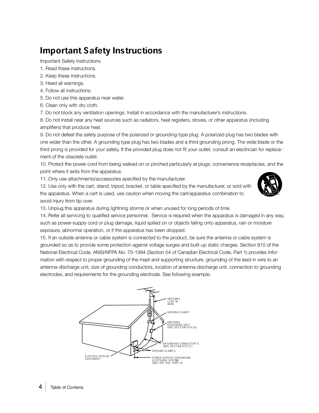 RCA 31Series warranty Table of Contens 