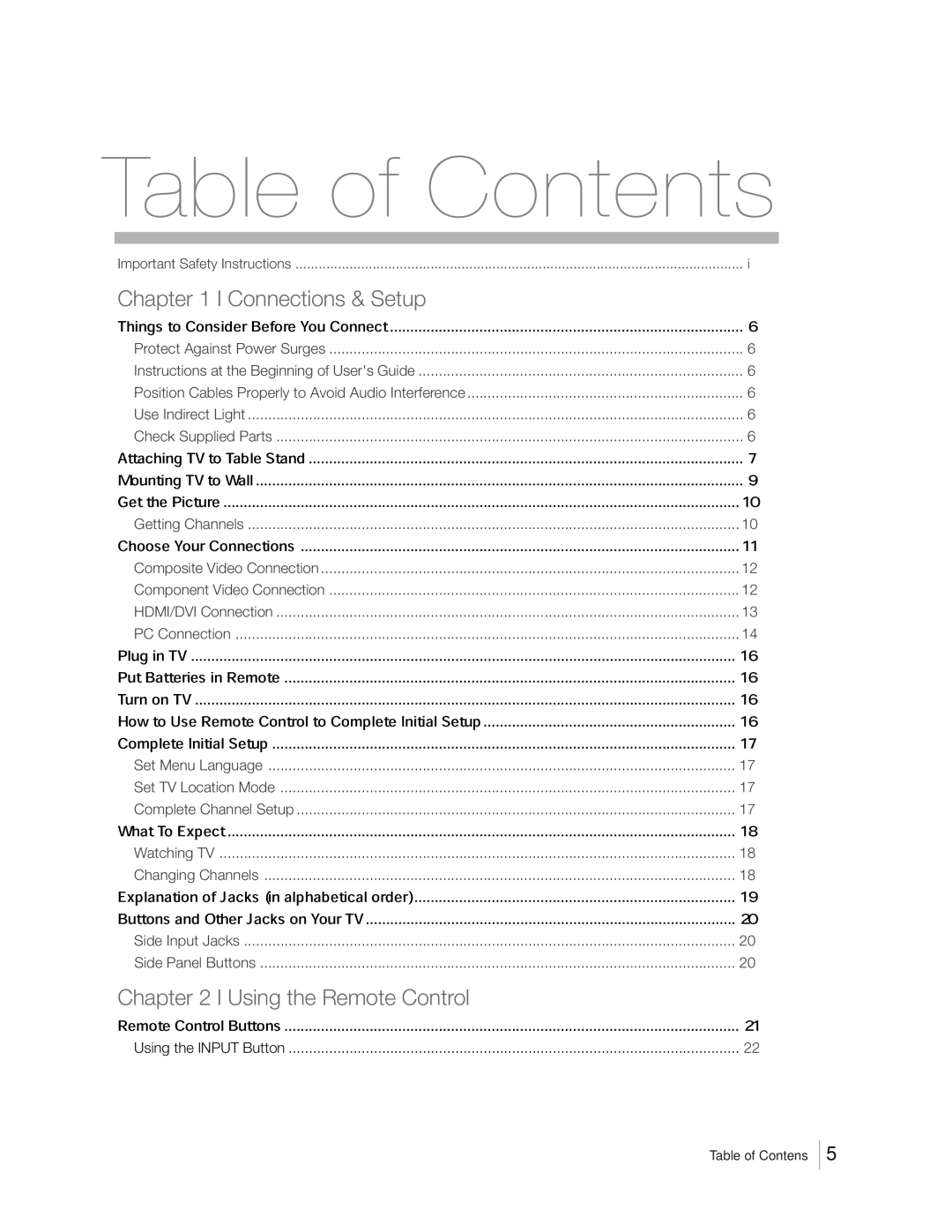 RCA 31Series warranty Table of Contents 