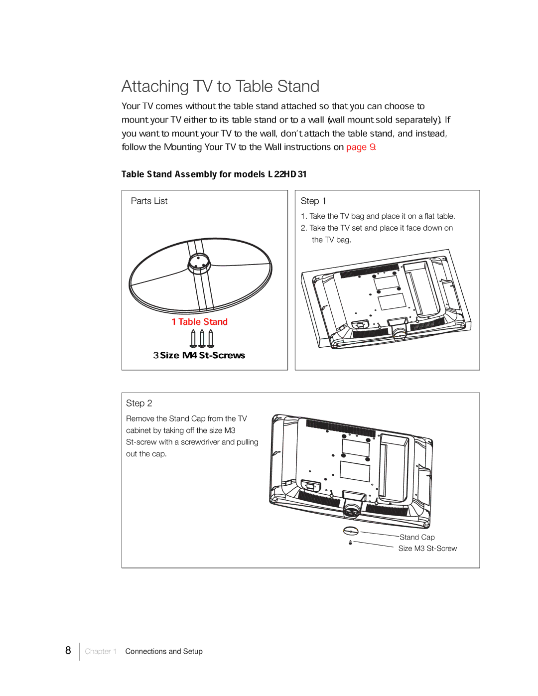 RCA 31Series warranty Attaching TV to Table Stand, Parts List Step 