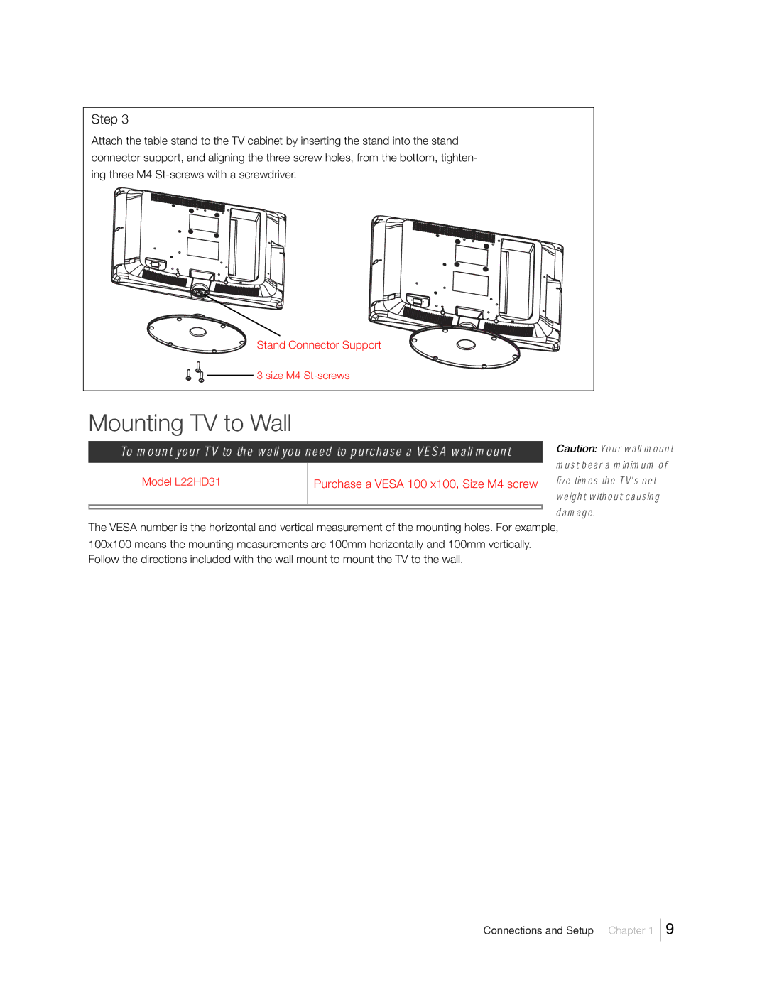 RCA 31Series warranty Mounting TV to Wall, Purchase a Vesa 100 x100, Size M4 screw 