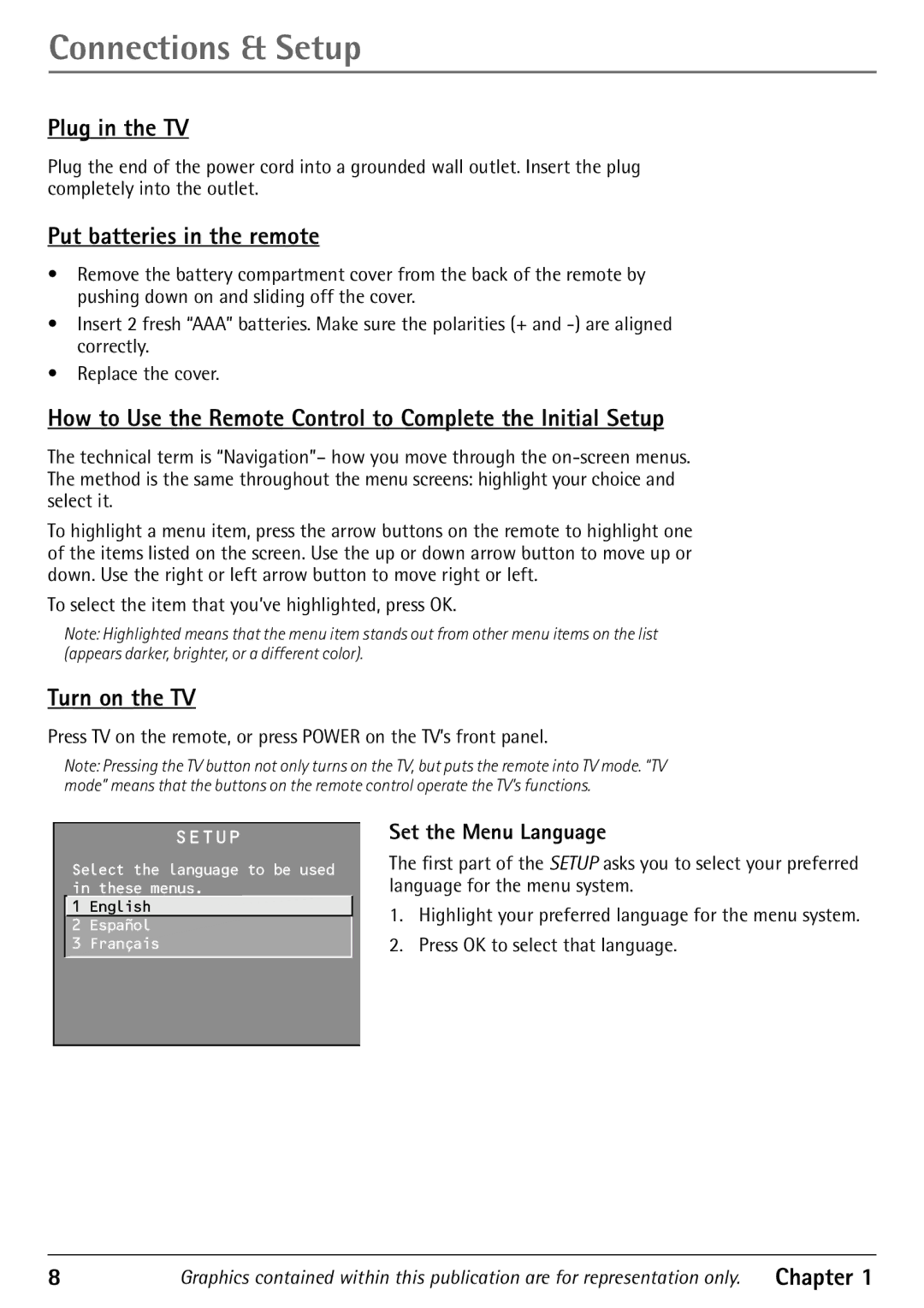 RCA 32F530T manual Plug in the TV, Put batteries in the remote, How to Use the Remote Control to Complete the Initial Setup 