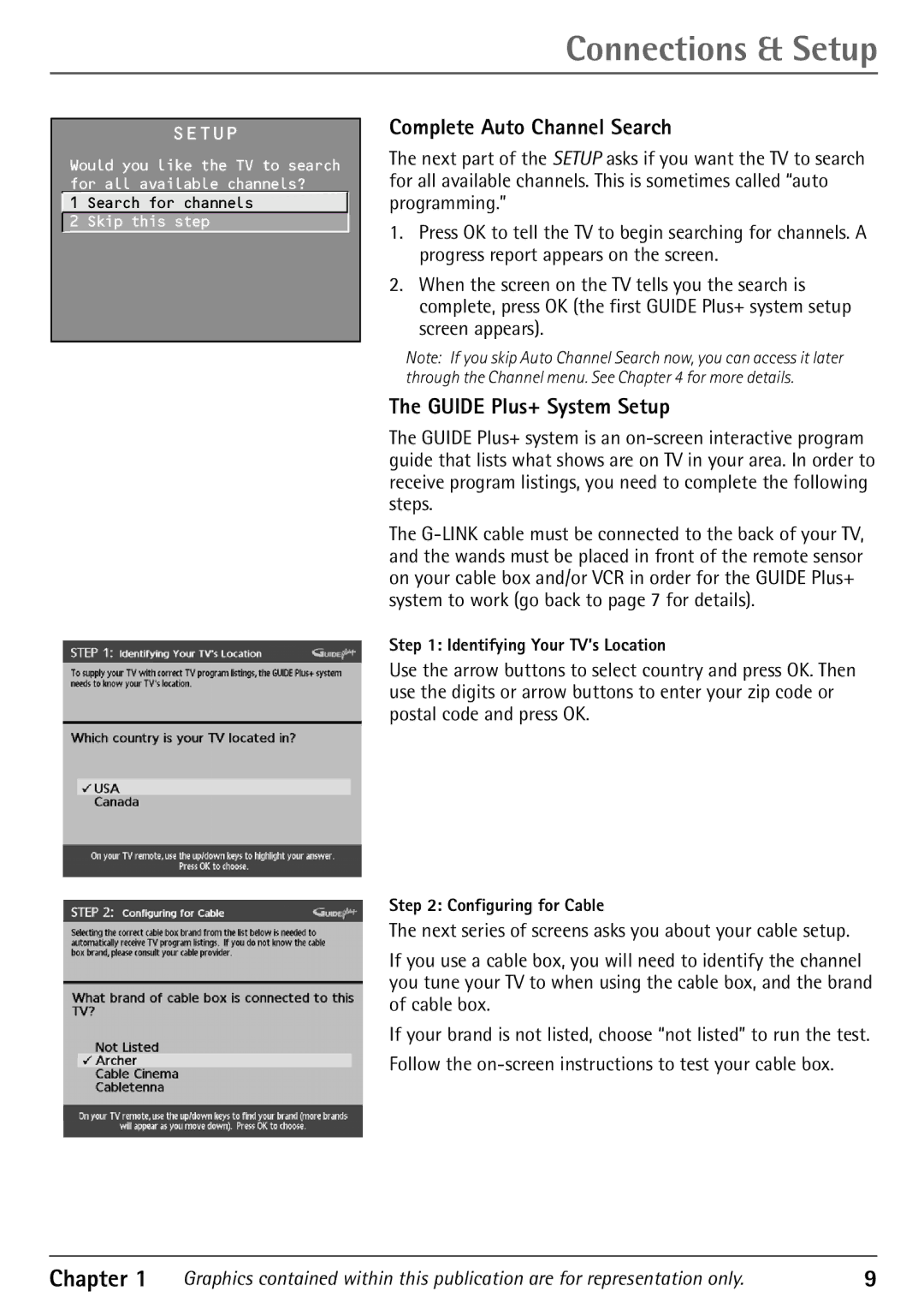 RCA 32F530T Complete Auto Channel Search, Guide Plus+ System Setup, Identifying Your TV’s Location, Configuring for Cable 