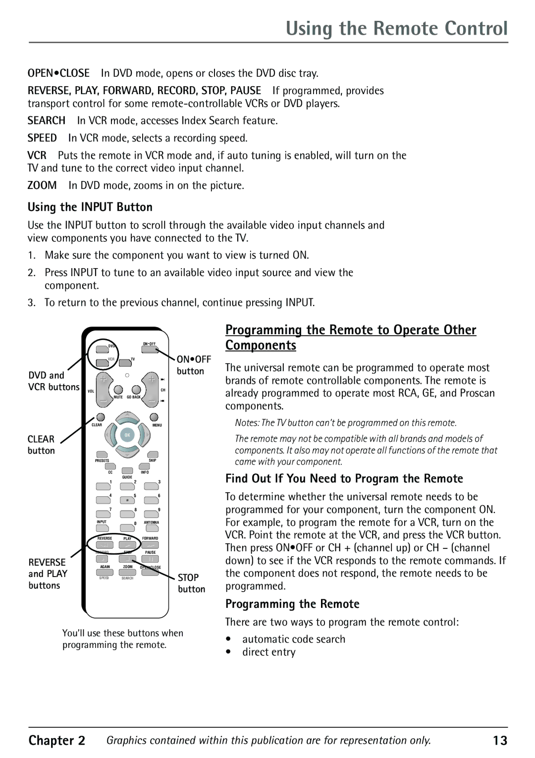 RCA 32F530T manual Using the Remote Control, Programming the Remote to Operate Other Components, Using the Input Button 