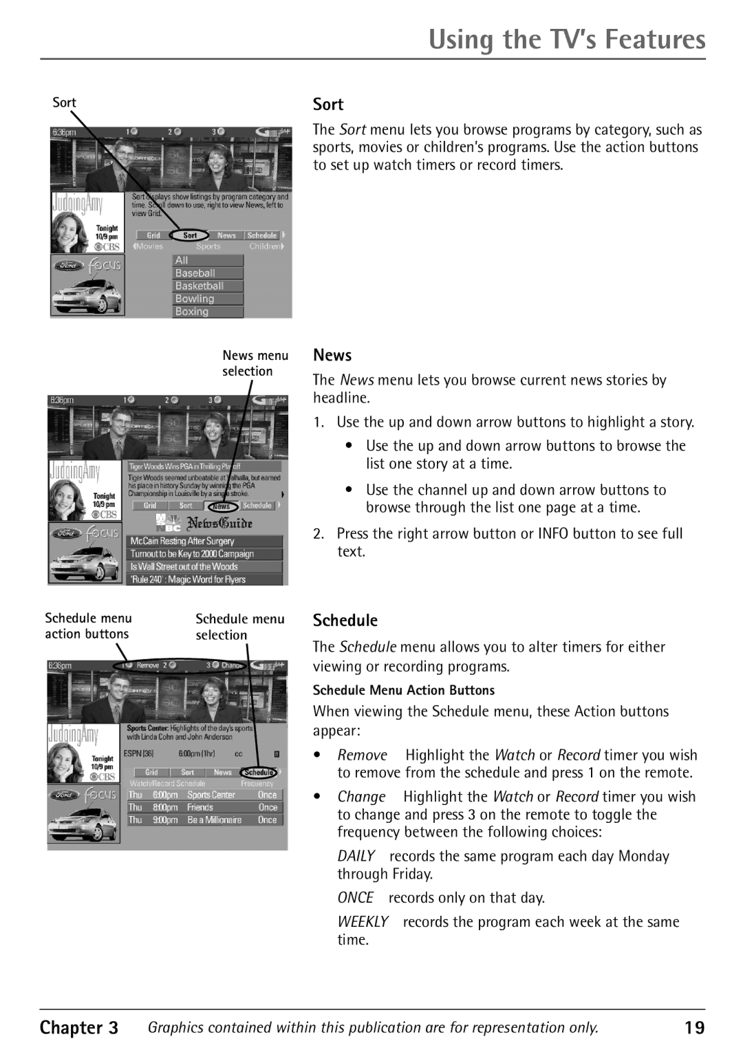 RCA 32F530T manual Sort, News, When viewing the Schedule menu, these Action buttons appear 