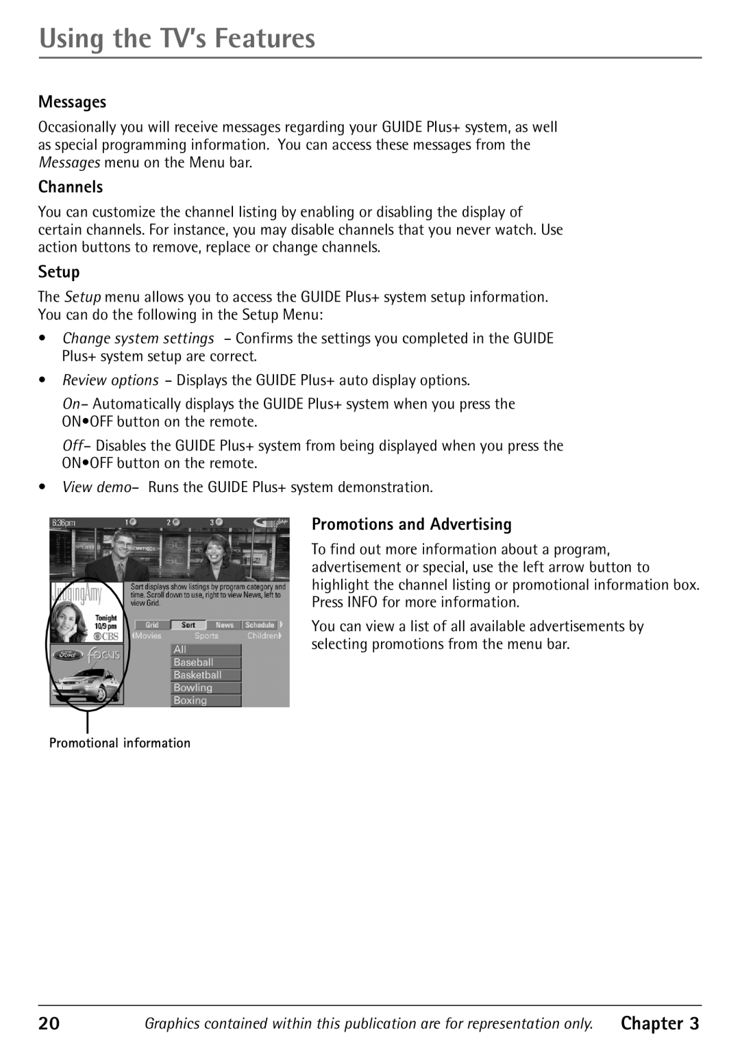 RCA 32F530T manual Using the TV’s Features, Messages, Channels, Setup, Promotions and Advertising 