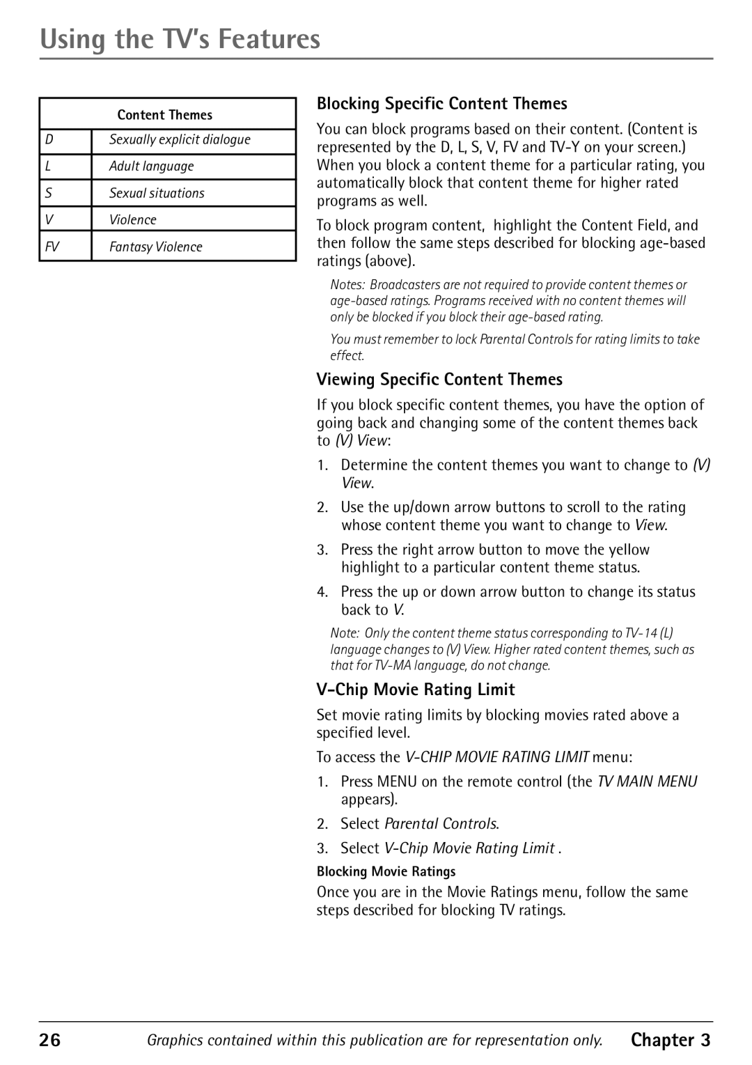 RCA 32F530T manual Blocking Specific Content Themes, Viewing Specific Content Themes, Chip Movie Rating Limit 