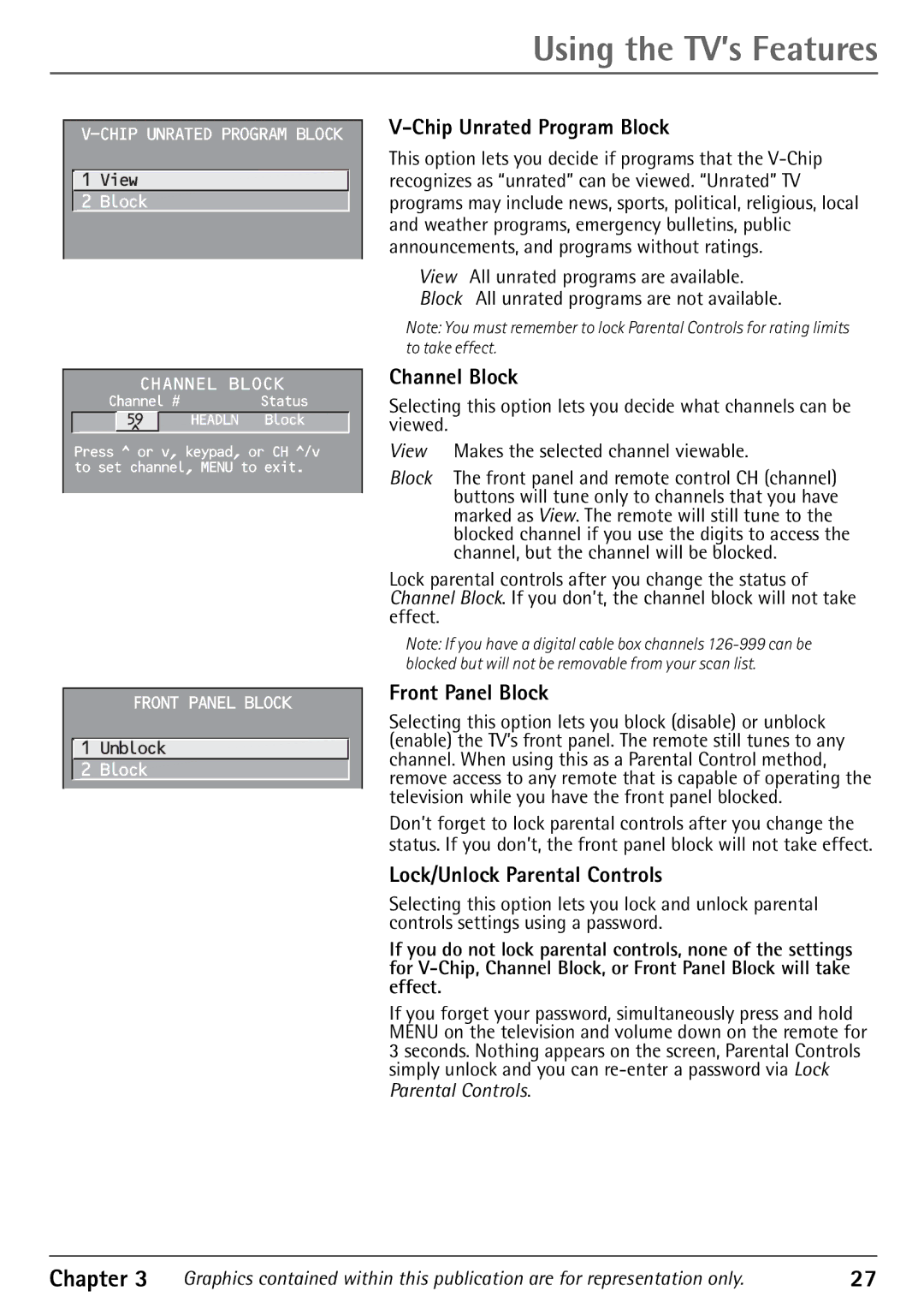 RCA 32F530T manual Chip Unrated Program Block, Channel Block, Front Panel Block, Lock/Unlock Parental Controls 
