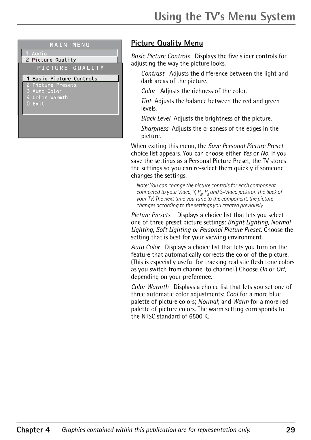 RCA 32F530T manual Using the TV’s Menu System, Picture Quality Menu 