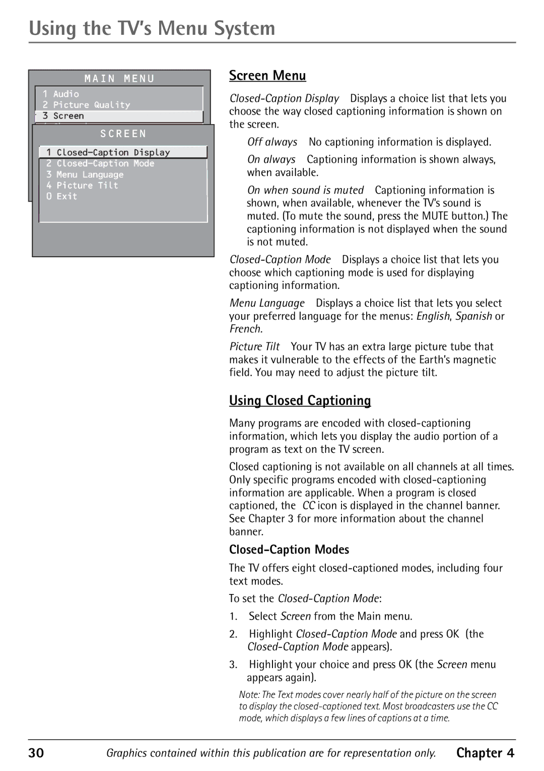 RCA 32F530T manual Using the TV’s Menu System, Screen Menu, Using Closed Captioning, Closed-Caption Modes 