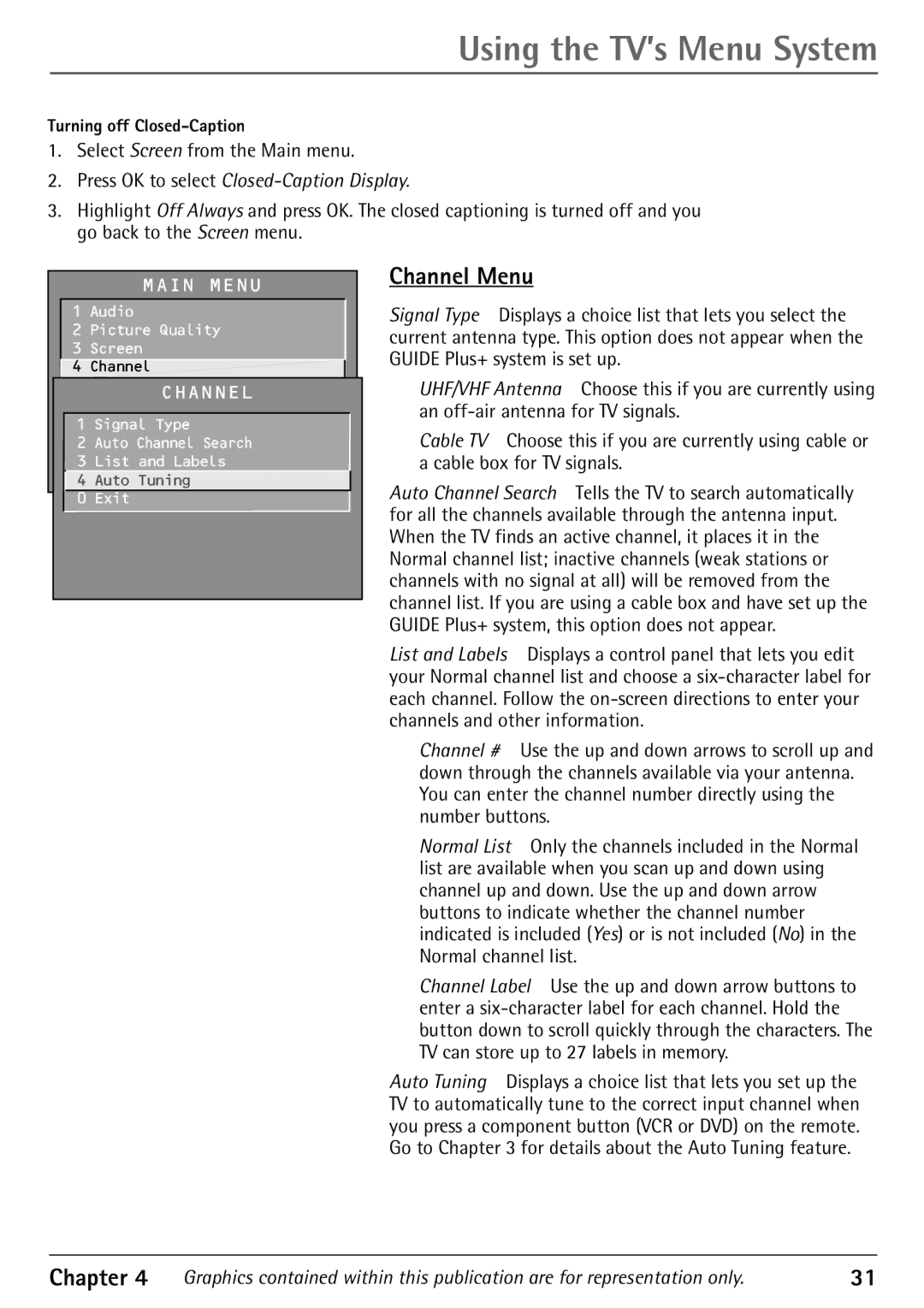 RCA 32F530T manual Channel Menu, Select Screen from the Main menu, Turning off Closed-Caption 