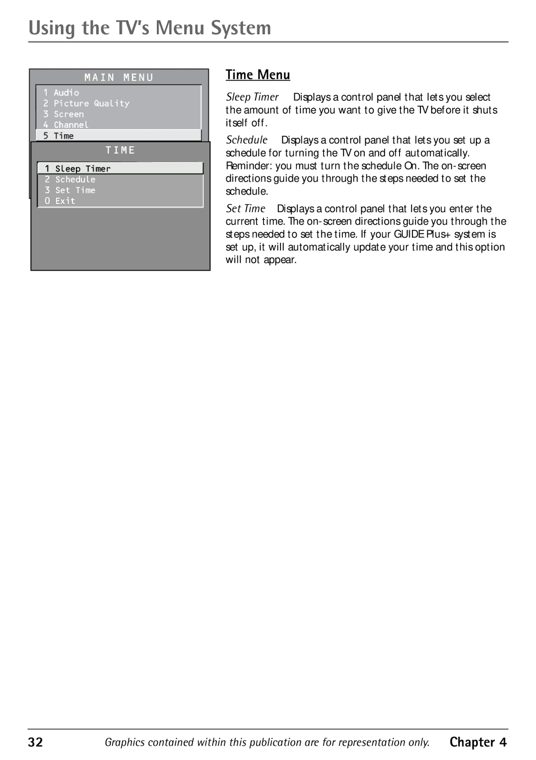 RCA 32F530T manual Time Menu 