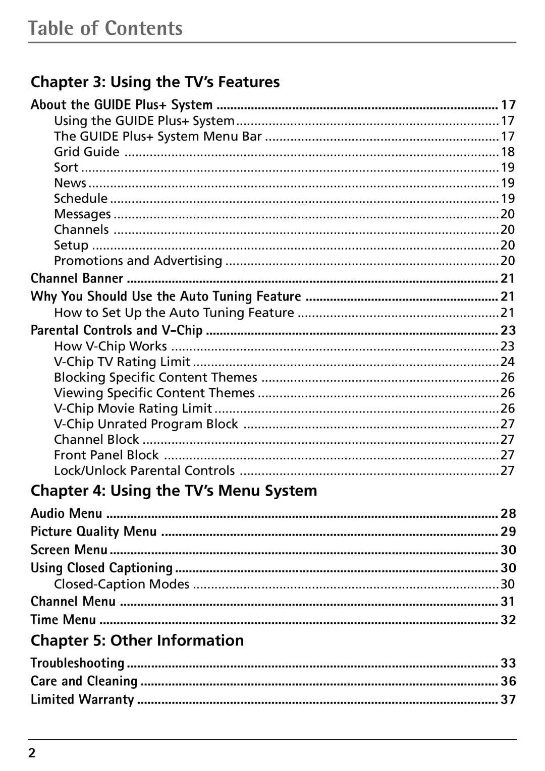 RCA 32F530T manual Table of Contents 