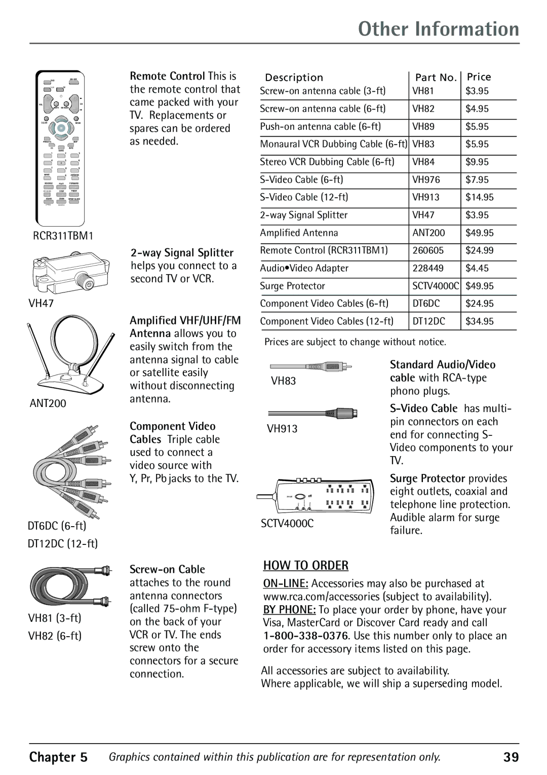 RCA 32F530T manual VH47, Way Signal Splitter, ANT200, VH83 VH913, VH81 3-ft VH82 6-ft 