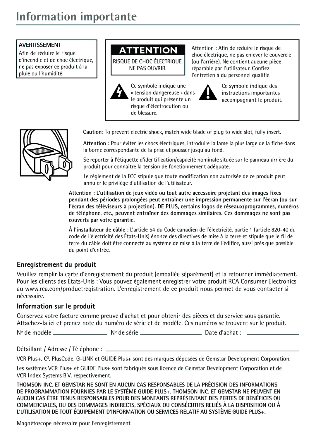 RCA 32F530T Information importante, Enregistrement du produit Information sur le produit, DŽtaillant / Adresse / TŽlŽphone 