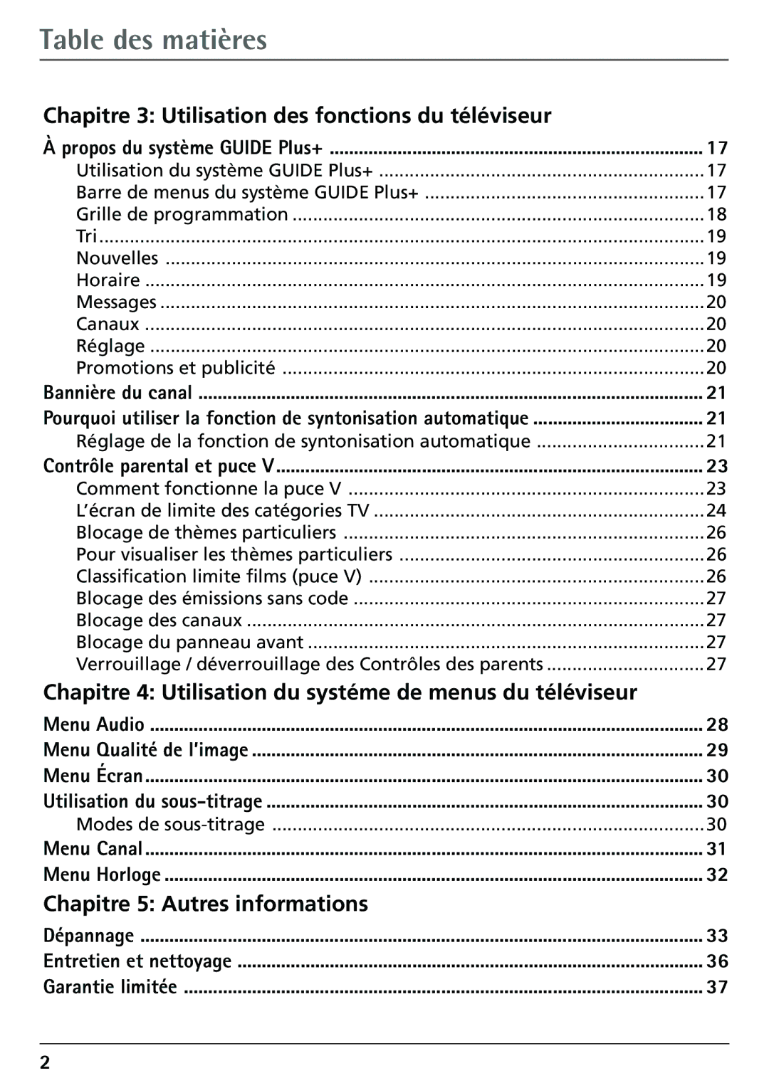 RCA 32F530T manual Table des matières, Propos du système Guide Plus+, Contrôle parental et puce, Menu Canal Menu Horloge 