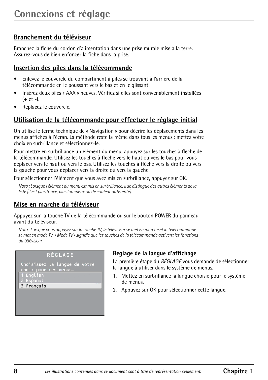 RCA 32F530T manual Branchement du téléviseur, Insertion des piles dans la télécommande, Mise en marche du téléviseur 