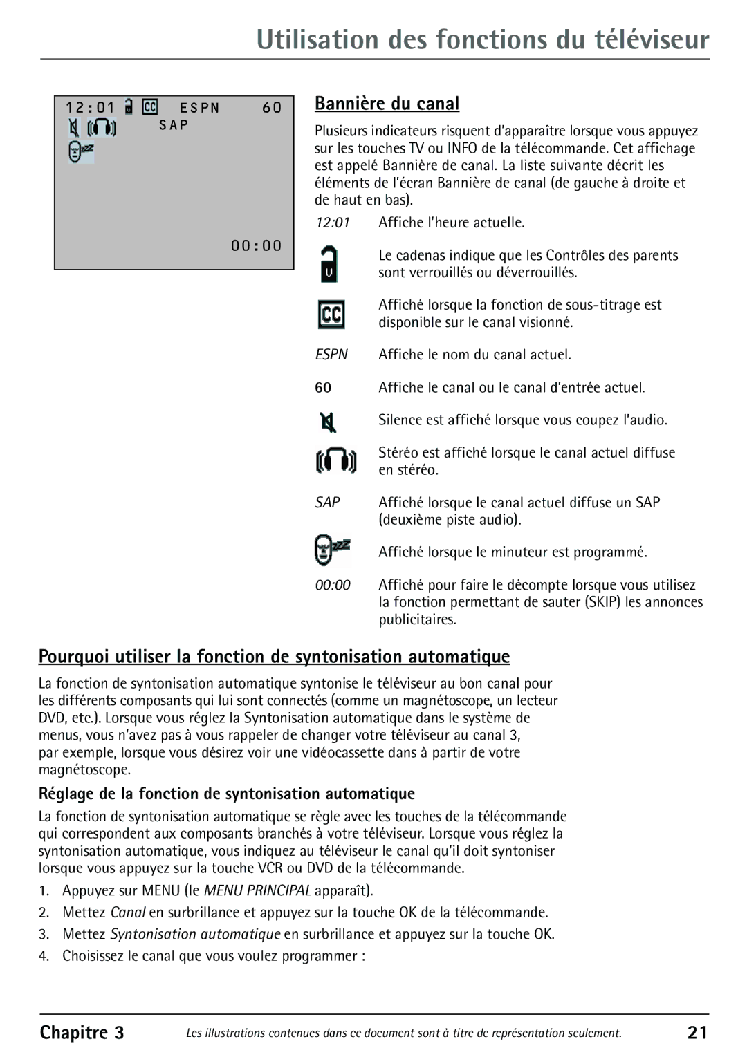 RCA 32F530T manual Bannière du canal, Pourquoi utiliser la fonction de syntonisation automatique, Affiche lÕheure actuelle 