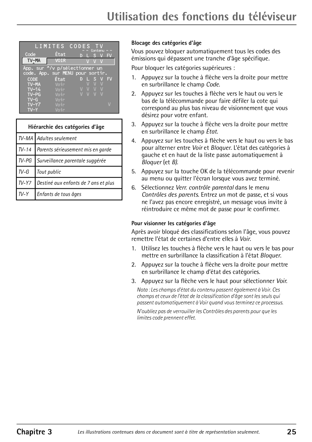RCA 32F530T manual Appuyez sur la flche vers le haut pour sŽlectionner Voir, Hiérarchie des catégories d’âge 