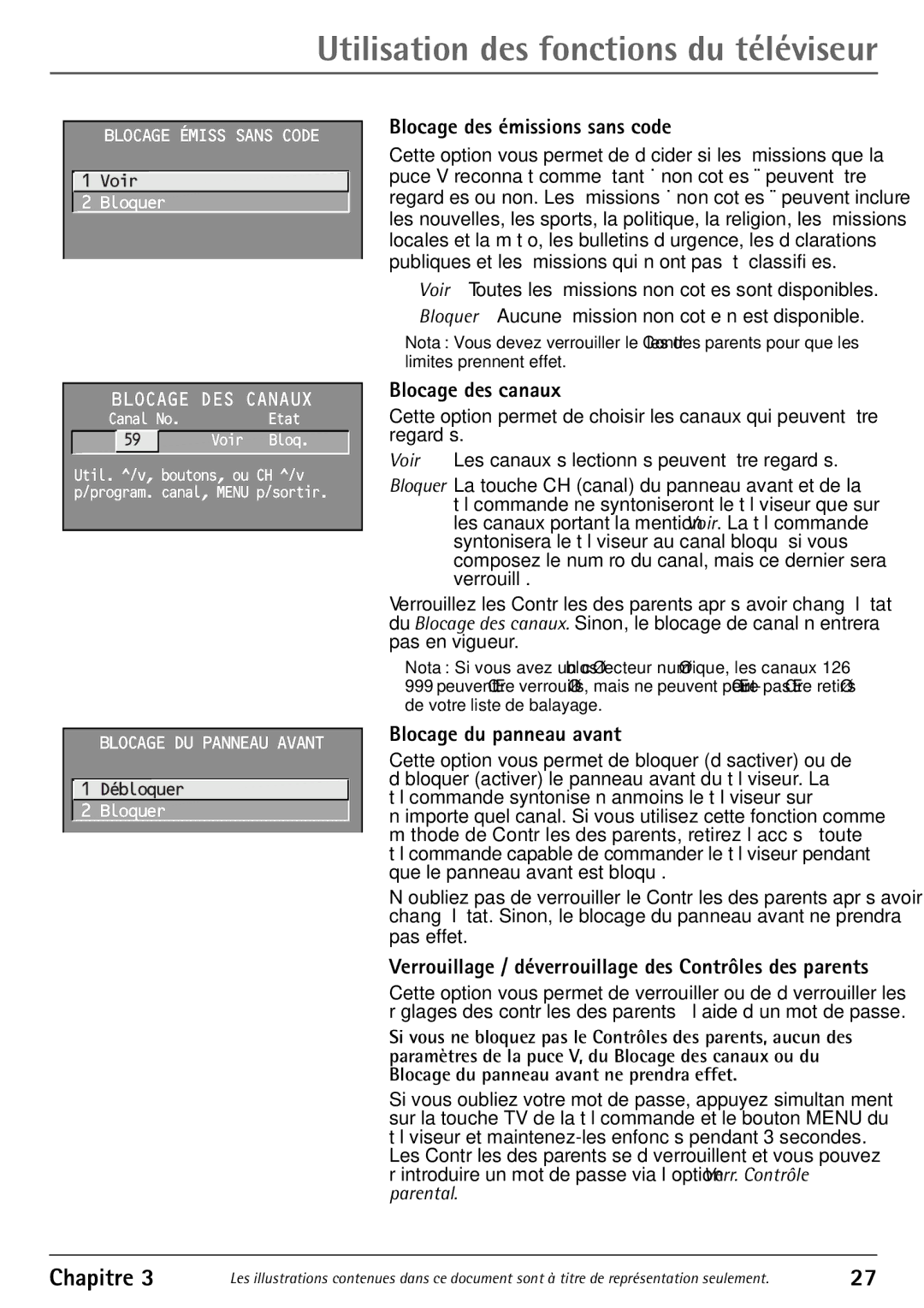 RCA 32F530T manual Blocage des émissions sans code, Blocage des canaux, Blocage du panneau avant 