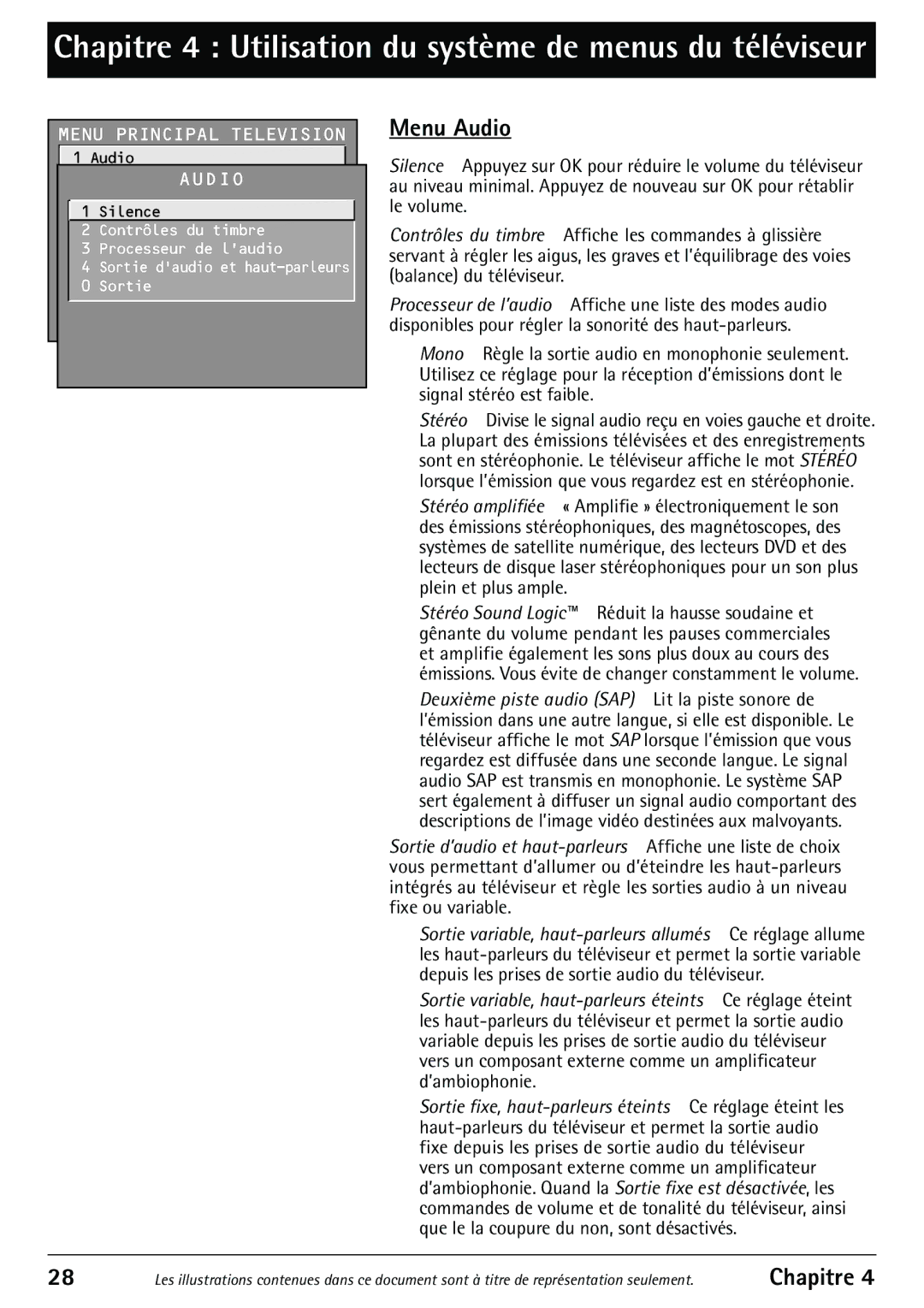 RCA 32F530T manual Chapitre 4 Utilisation du système de menus du téléviseur, Menu Audio 