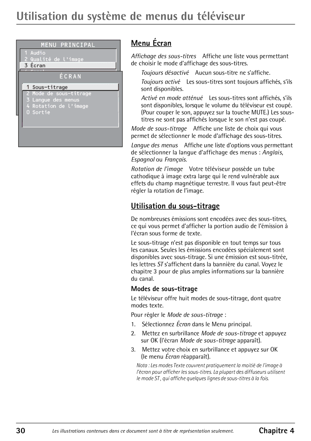 RCA 32F530T Utilisation du système de menus du téléviseur, Menu Écran, Utilisation du sous-titrage, Modes de sous-titrage 