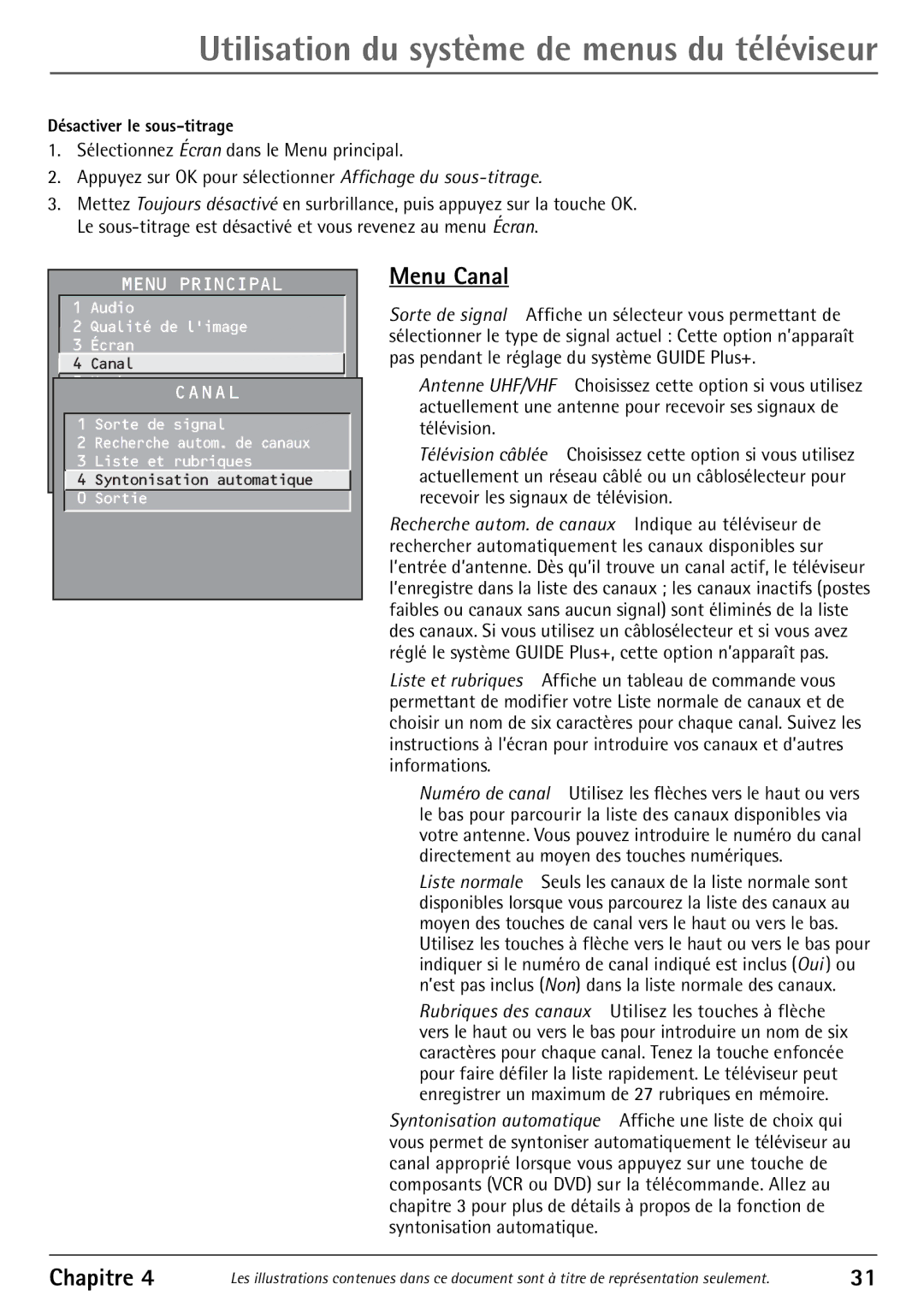 RCA 32F530T manual Menu Canal, Désactiver le sous-titrage 