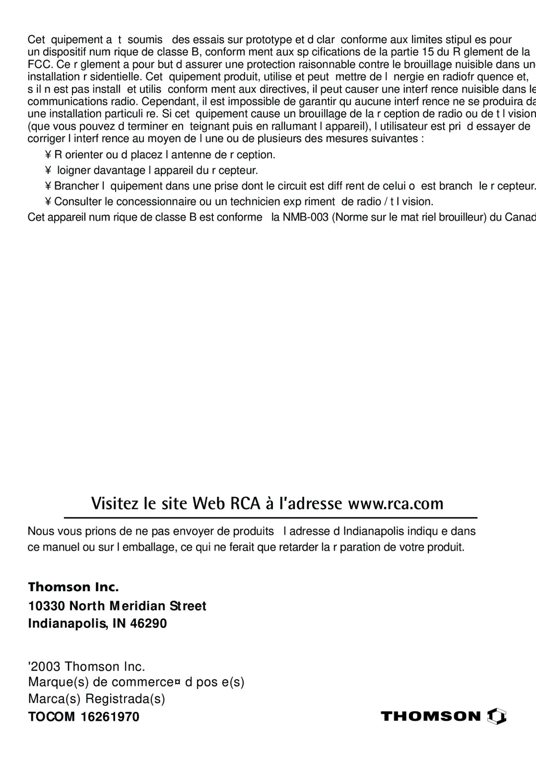 RCA 32F530T manual Thomson Inc Marques de commerce déposées Marcas Registradas 